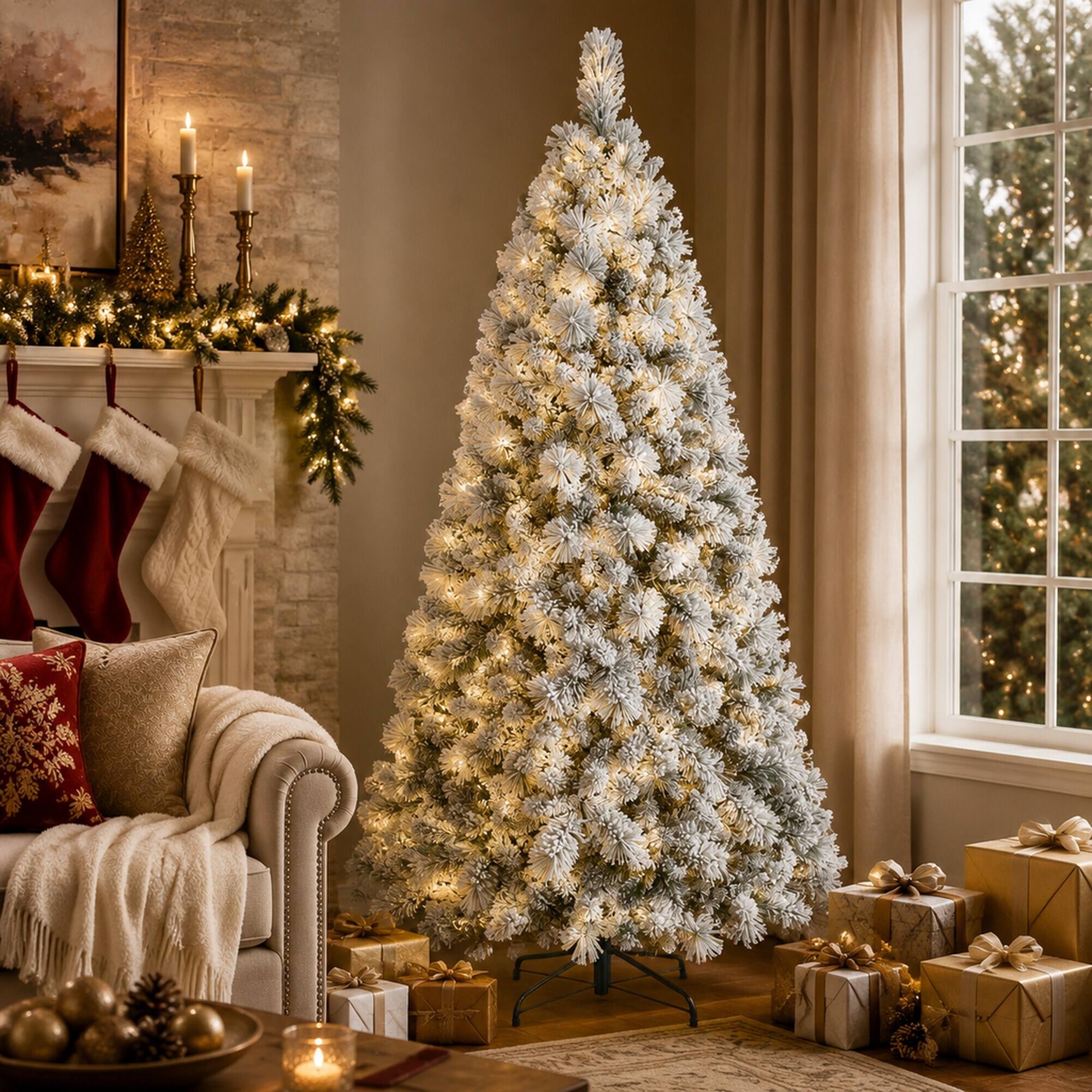 Left. RYHNUYNE - 4FT Flocked Pre-Lit Christmas Tree, 150 Warm White LED Lights 350 Tips PVC Hard Needle Hinged Design Sturdy Metal Stand - Green,White.