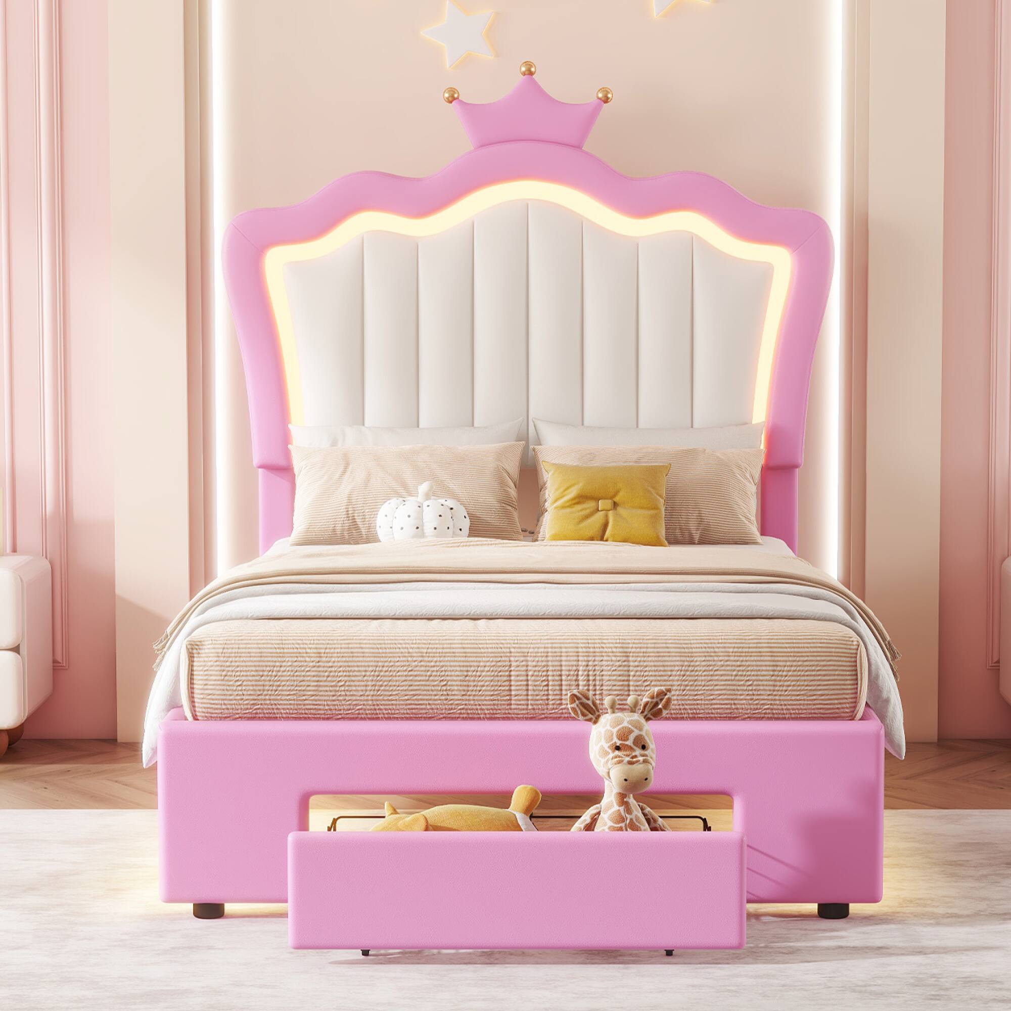 Alt View 8. GOODSILO - Twin Size Upholstered Platform Bed with LED Lighting and Storage Drawer, Modern Crown Headboard Design for Bedroom Decor - Pink+White.