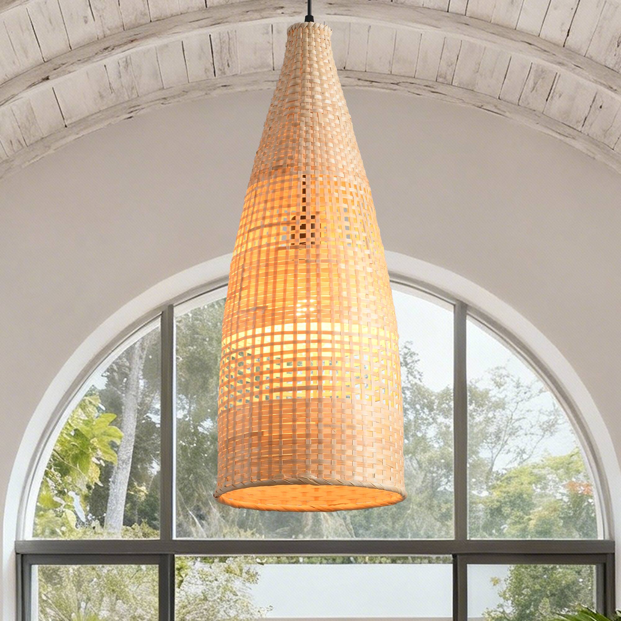 Alt View 2. Parrot Uncle - 1-Light Rustic Brown Bamboo Vintage Hand-Woven Dome Pendant Lamp.