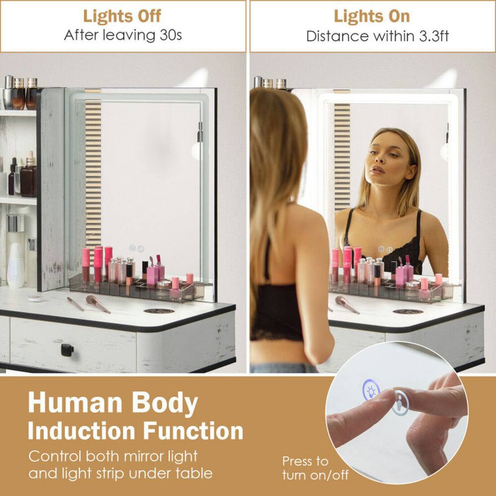 Lights Off  
After leaving 30s  

Lights On  
Distance within 3.3ft  

Human Body Induction Function  
Control both mirror light and light strip under table  

Press to turn on/off