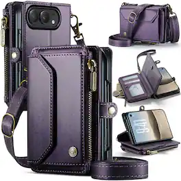 UUCOVER - Magnetic Zipper Wallet Case for Apple iPhone Duo Leather Card Slots RFID Blocking Stand Cover with Shoulder/Wrist Strap - Purple