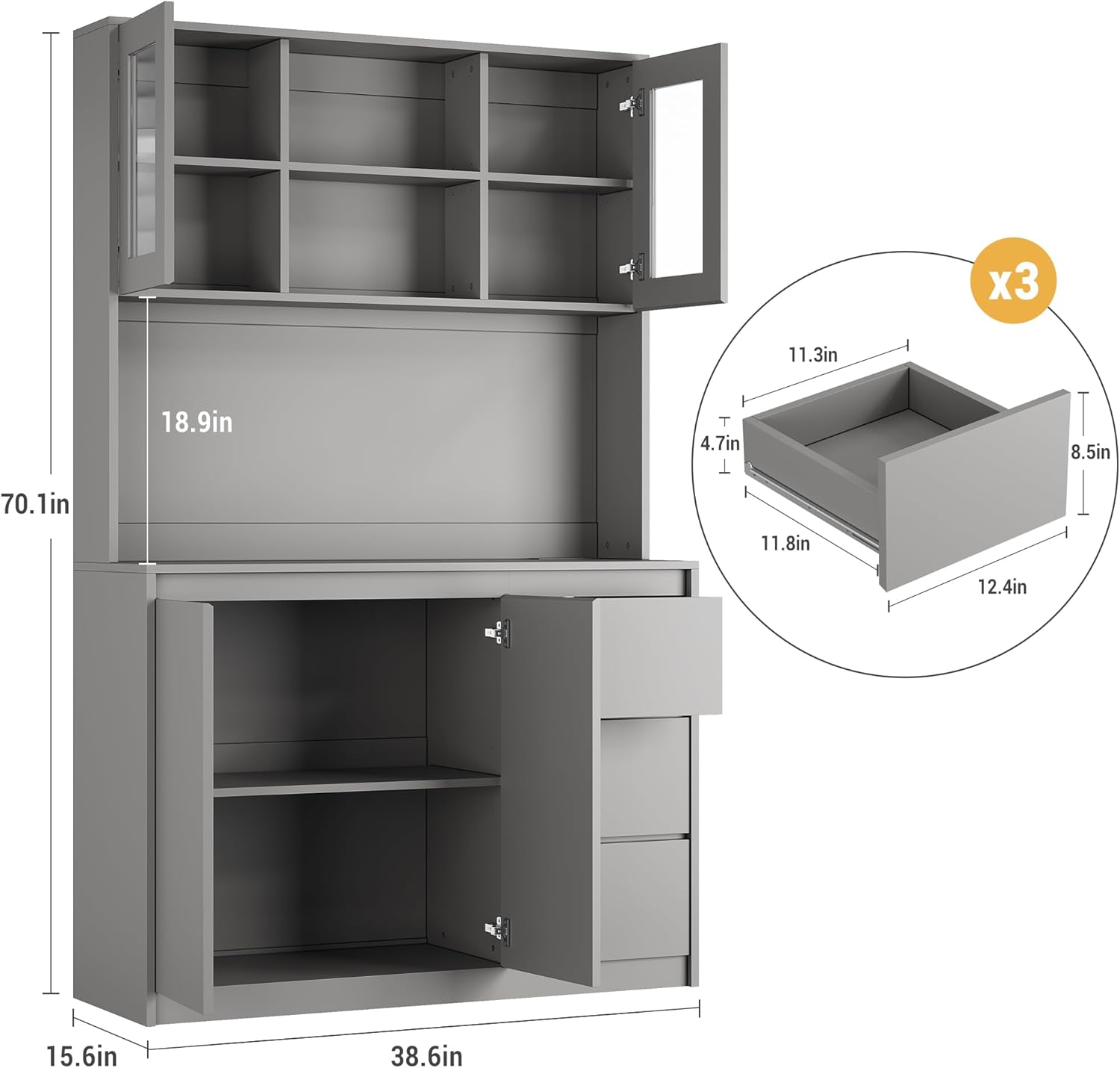 - Height: 70.1in
- Width: 38.6in
- Depth: 15.6in
- Top shelf height: 18.9in
- Bottom shelf height: 15.6in
- Drawer dimensions (x3):
  - Width: 11.8in
  - Depth: 12.4in
  - Height: 11.3in
  - Drawer compartment dimensions:
    - Width: 11.3in
    - Depth: 8.5in
    - Height: 4.7in