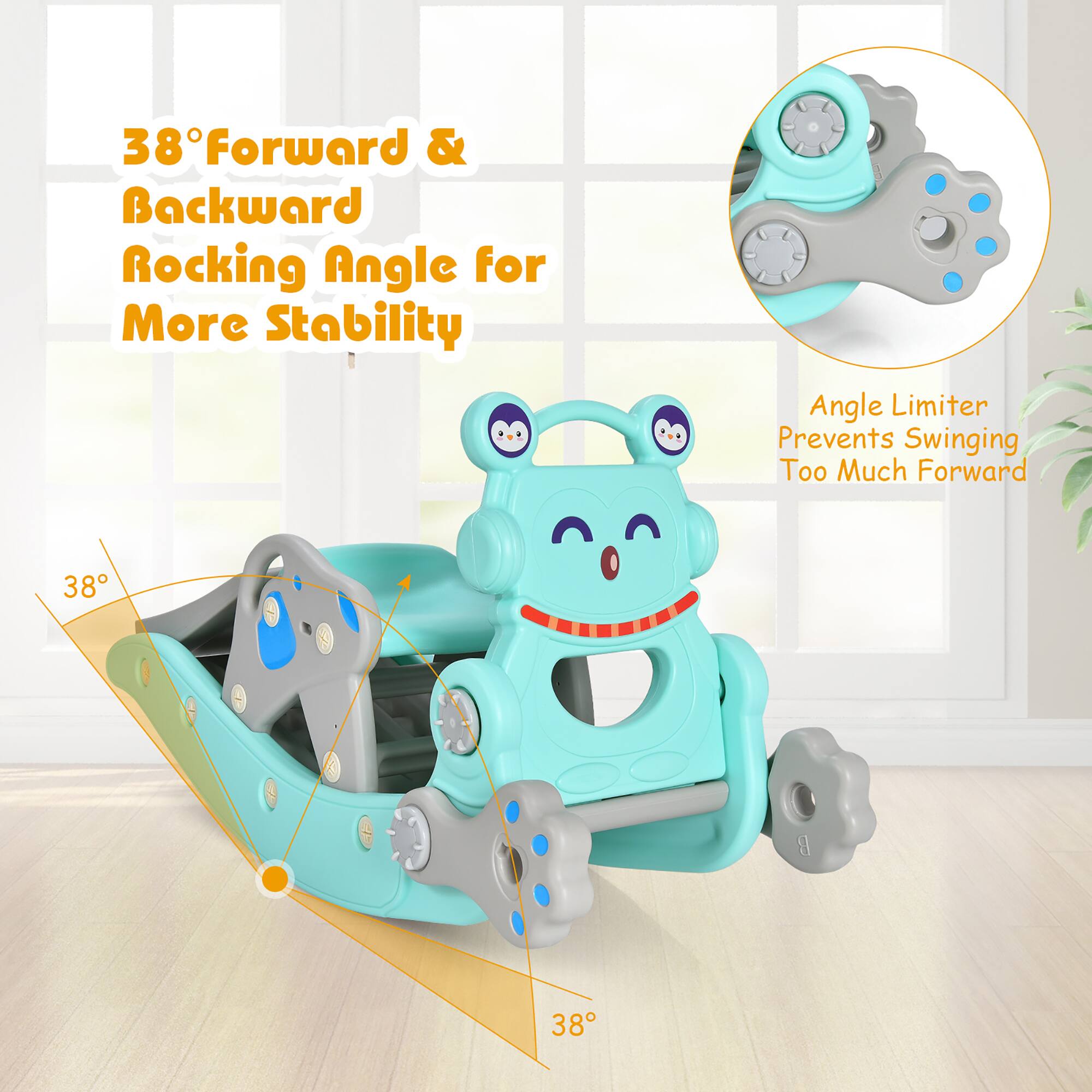 38° Forward & Backward Rocking Angle for More Stability

Angle Limiter Prevents Swinging Too Much Forward