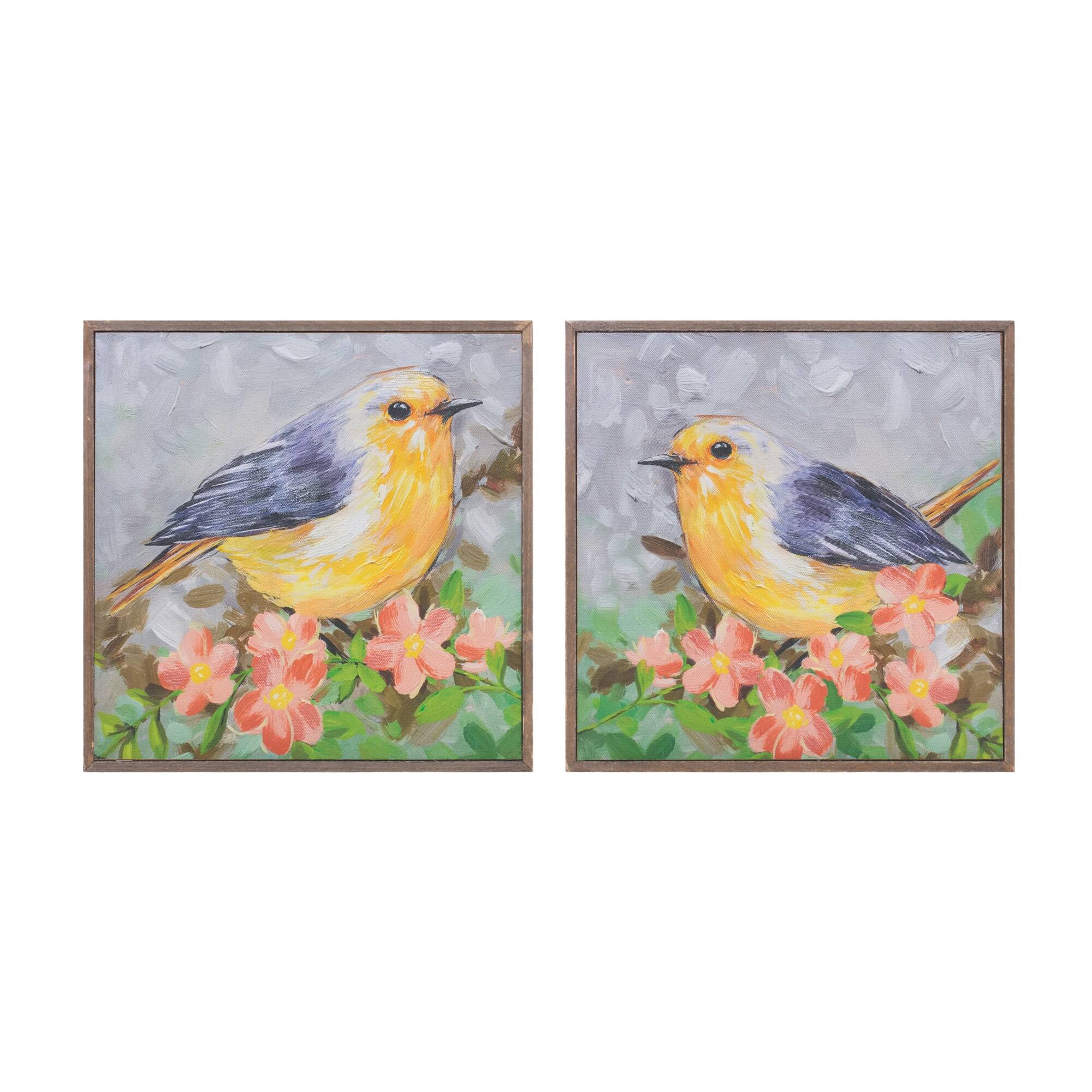 Front. BreeBe - Framed Bird Canvas Block (Set of 4) - Yellow, Green.