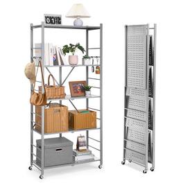 VEVOR - 5-Tier Foldable Storage Shelf, 32Wx14Dx72H Inch Folding Metal Rack Shelving Unit, Heavy Duty No Assembly Organizer Shelf - Gray