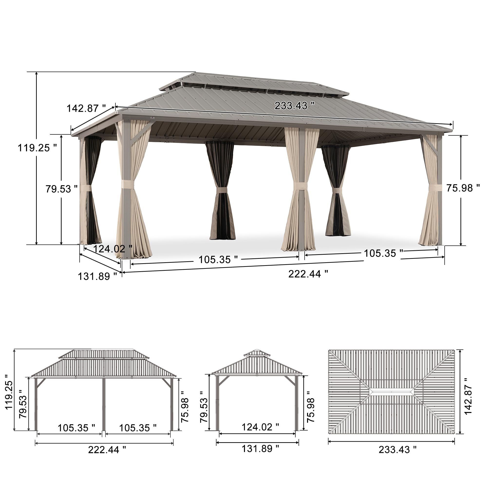 Here is the corrected and grouped text from the image:

- **Dimensions:**
  - 233.43"
  - 142.87"
  - 119.25"
  - 79.53"
  - 75.98"
  - 124.02"
  - 131.89"
  - 105.35"
  - 222.44"
  - 105.35"
  - 119.25"
  - 79.53"
  - 105.35"
  - 105.35"
  - 222.44"
  - 75.98"
  - 79.53"
  - 124.02"
  - 131.89"
  - 75.98"
  - 233.43"

- **Diagram Labels:**
  - 233.43"
  - 142.87"
  - 119.25"
