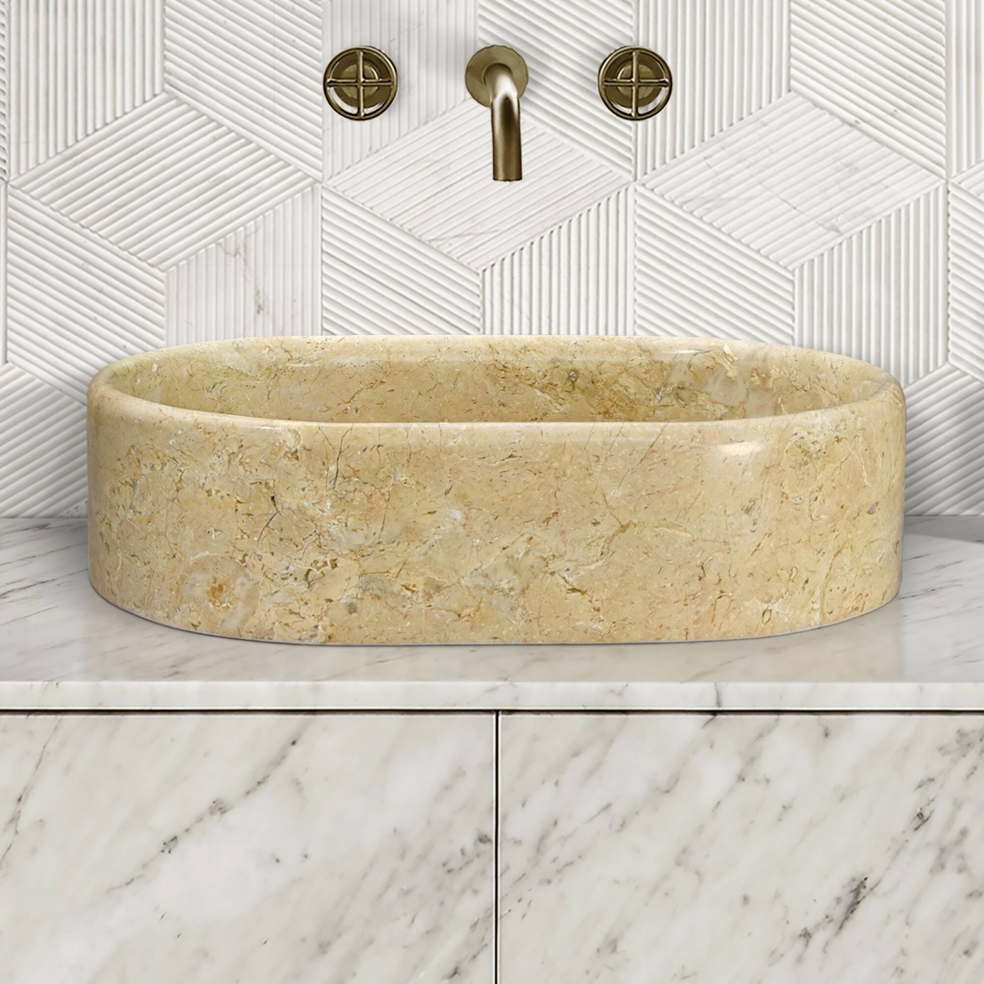 Luxury Polished Natural Marble Bathroom Vessel Sink with Elegant Golden Veins and Spacious Oval Basin