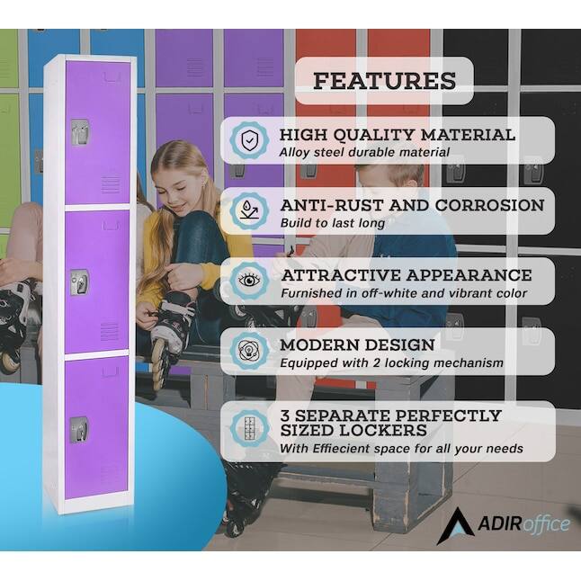 FEATURES
HIGH QUALITY MATERIAL
Alloy steel durable material
ANTI-RUST AND CORROSION
Build to last long
ATTRACTIVE APPEARANCE
Furnished in off-white and vibrant color
MODERN DESIGN
Equipped with 2 locking mechanism
3 SEPARATE PERFECTLY SIZED LOCKERS
With Effiecient space for all your needs
ADIRoffice