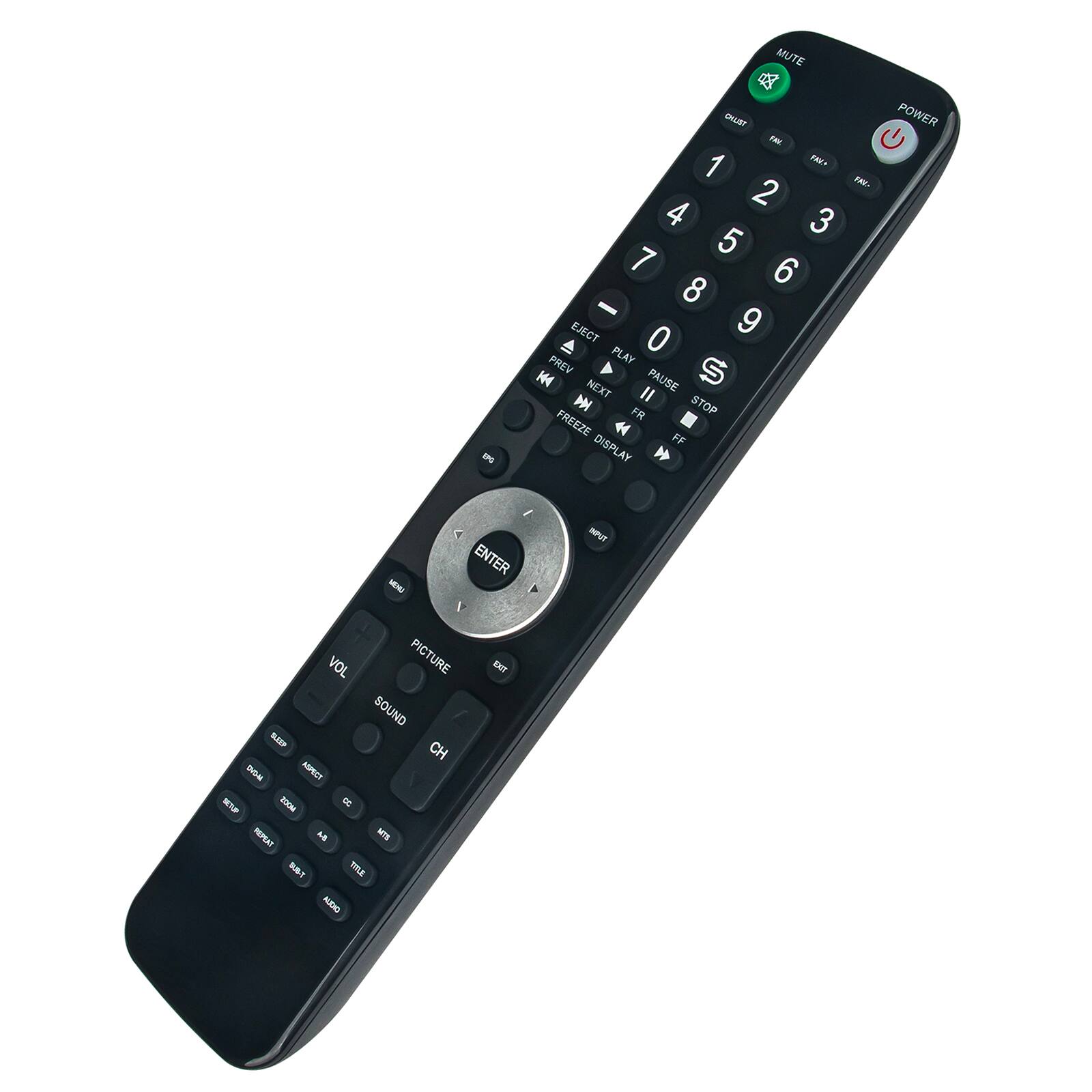 EN MUTE & CHLET Fw 1 PAC+ T 2 4 3 5 7 6 8 - EJECT 9 PLAY 0 PREV S H NEXT PAUSE N II FR STOP FREEZE FF DISPLAY POWER -E / ENTER * INPUT VOL PICTURE SOUND SAET CH BON ASPECT NT 2GM REPTA A MS SBT ma AEO EXTT