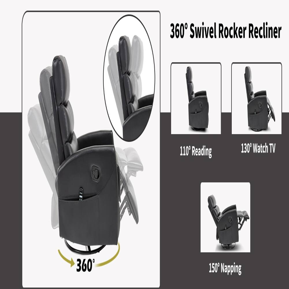 360° Swivel Rocker Recliner

110° Reading

130° Watch TV

360°

150° Napping