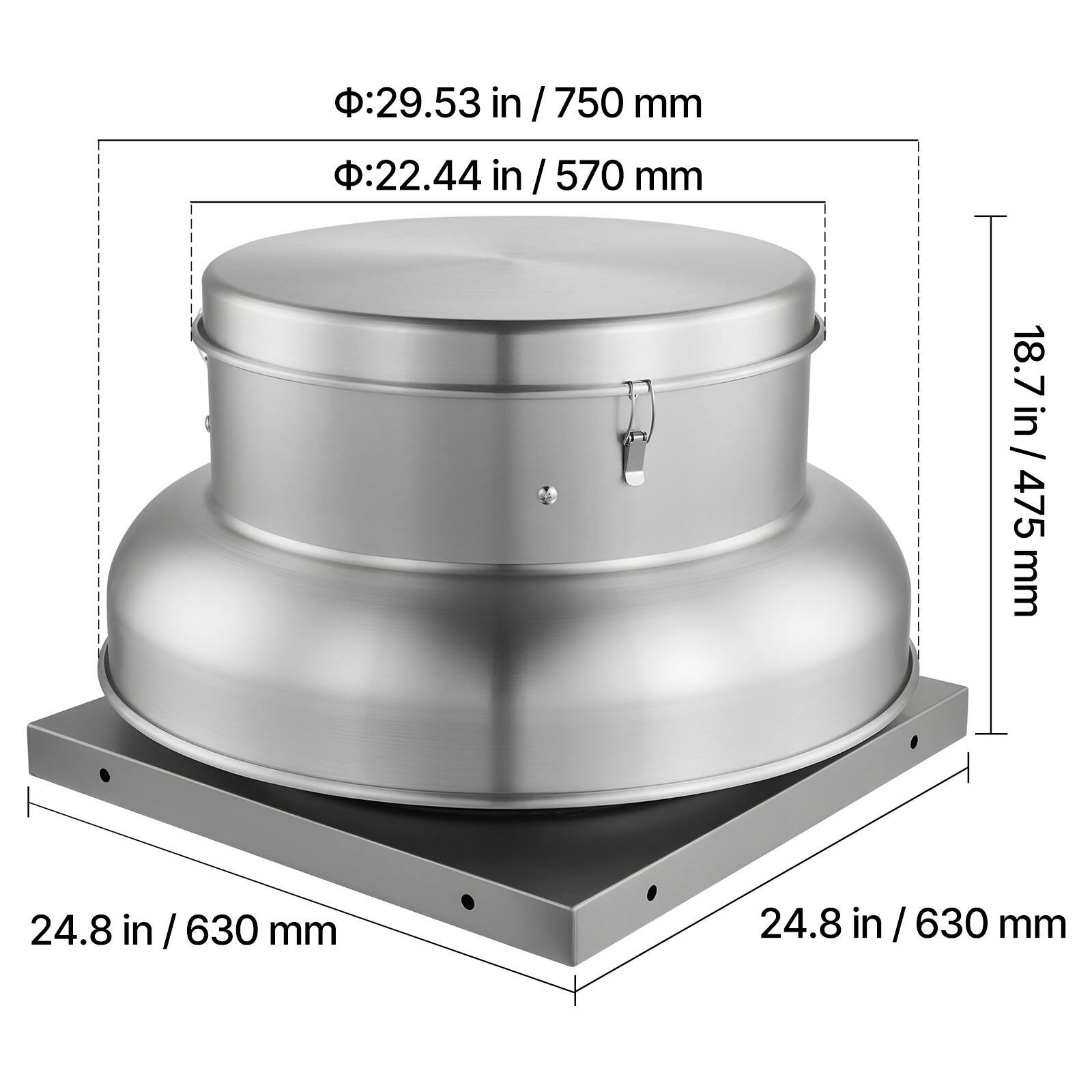 - 29.53 in / 750 mm
- 22.44 in / 570 mm
- 18.7 in / 475 mm
- 24.8 in / 630 mm