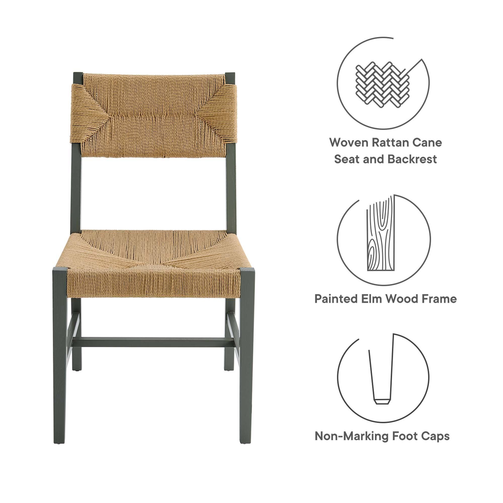 - Woven Rattan Cane Seat and Backrest
- Painted Elm Wood Frame
- Non-Marking Foot Caps