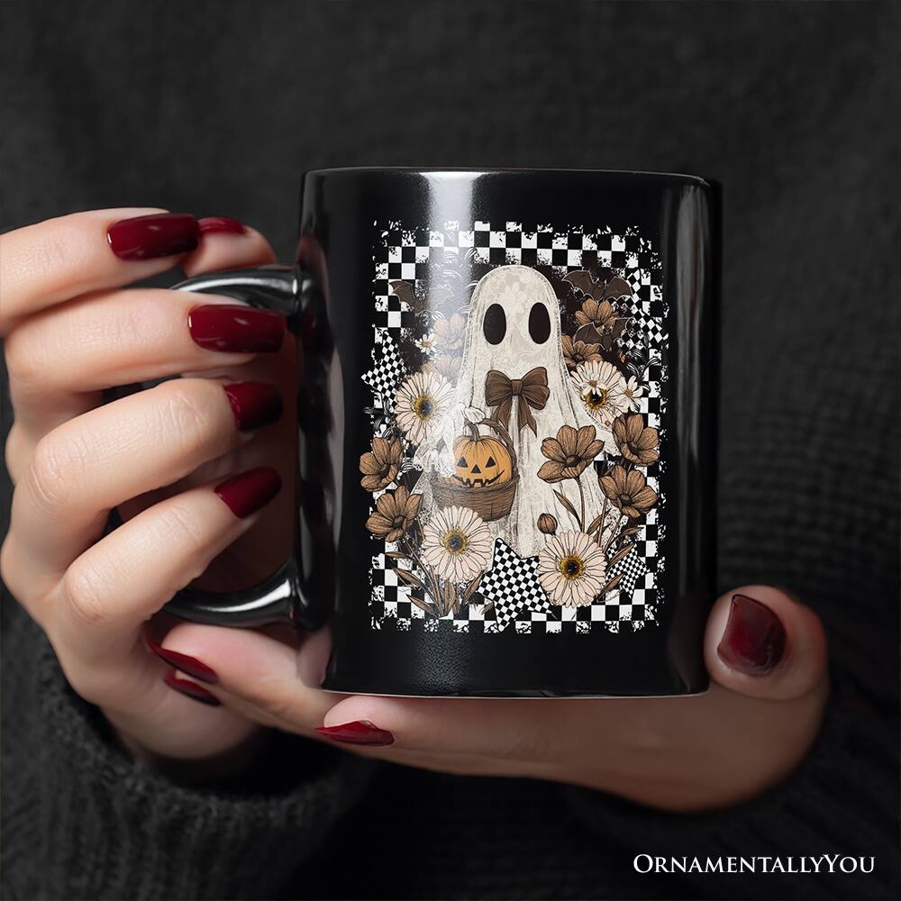 Left. OrnamentallyYou - Retro Ghost Floral Halloween Mug, Spooky Vintage Checkered Gift - Black.