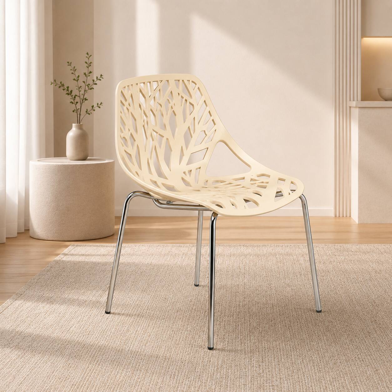 Left. LeisureMod - Asbury Stackable Modern Dining Chair with Cut Out Design and Chrome Legs Side Chair for Home Living Room - Cream.