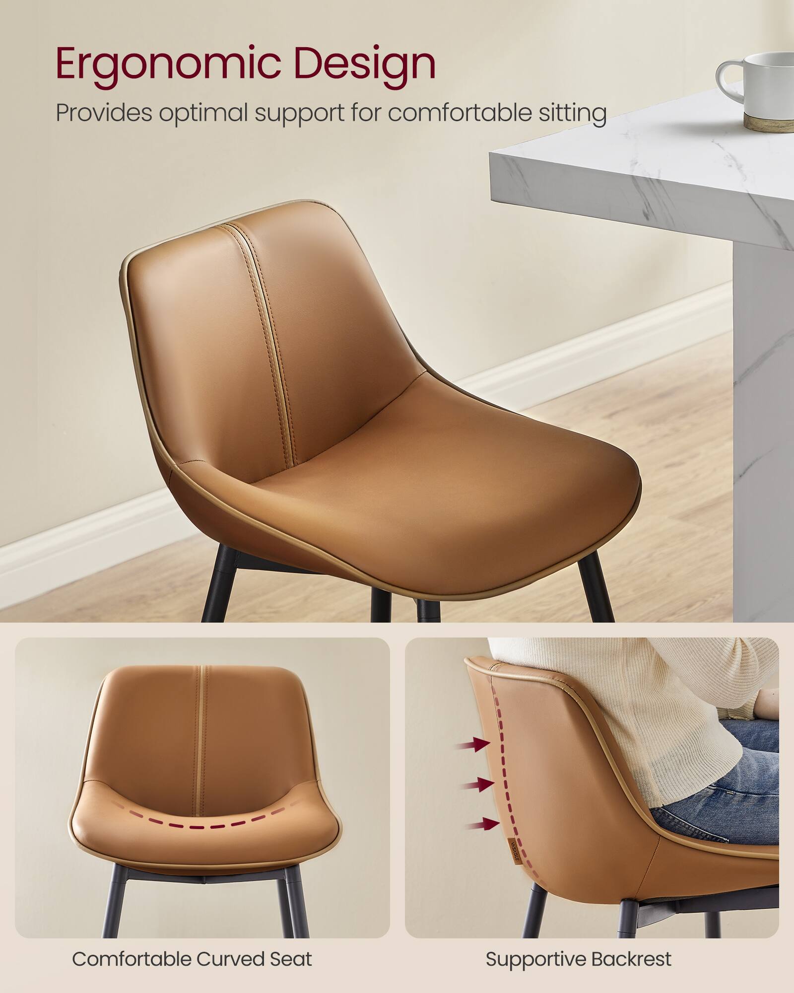 Ergonomic Design  
Provides optimal support for comfortable sitting  

Comfortable Curved Seat  
Supportive Backrest