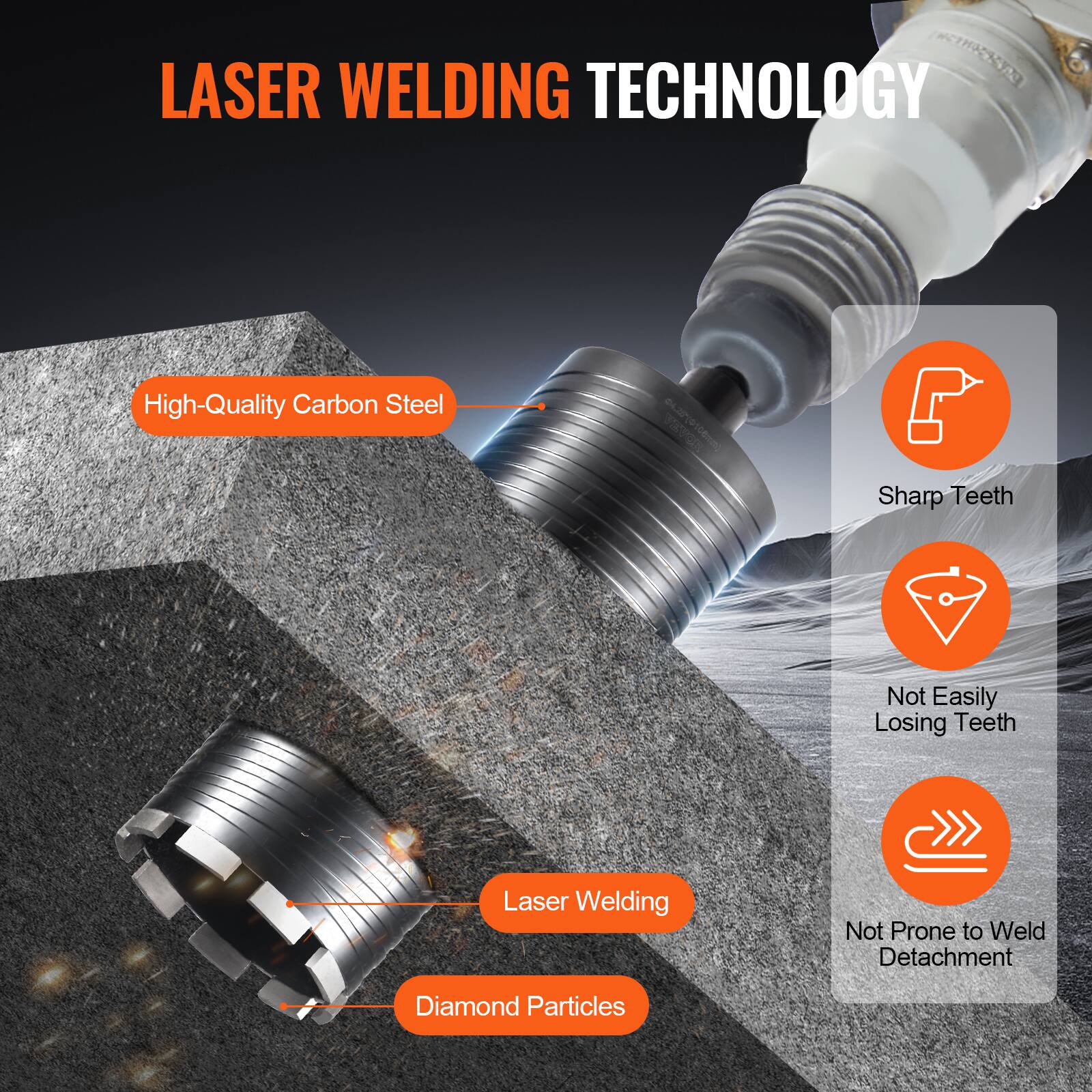 LASER WELDING TECHNOLOGY

- High-Quality Carbon Steel
- Sharp Teeth
- Not Easily Losing Teeth
- Laser Welding
- Diamond Particles
- Not Prone to Weld Detachment