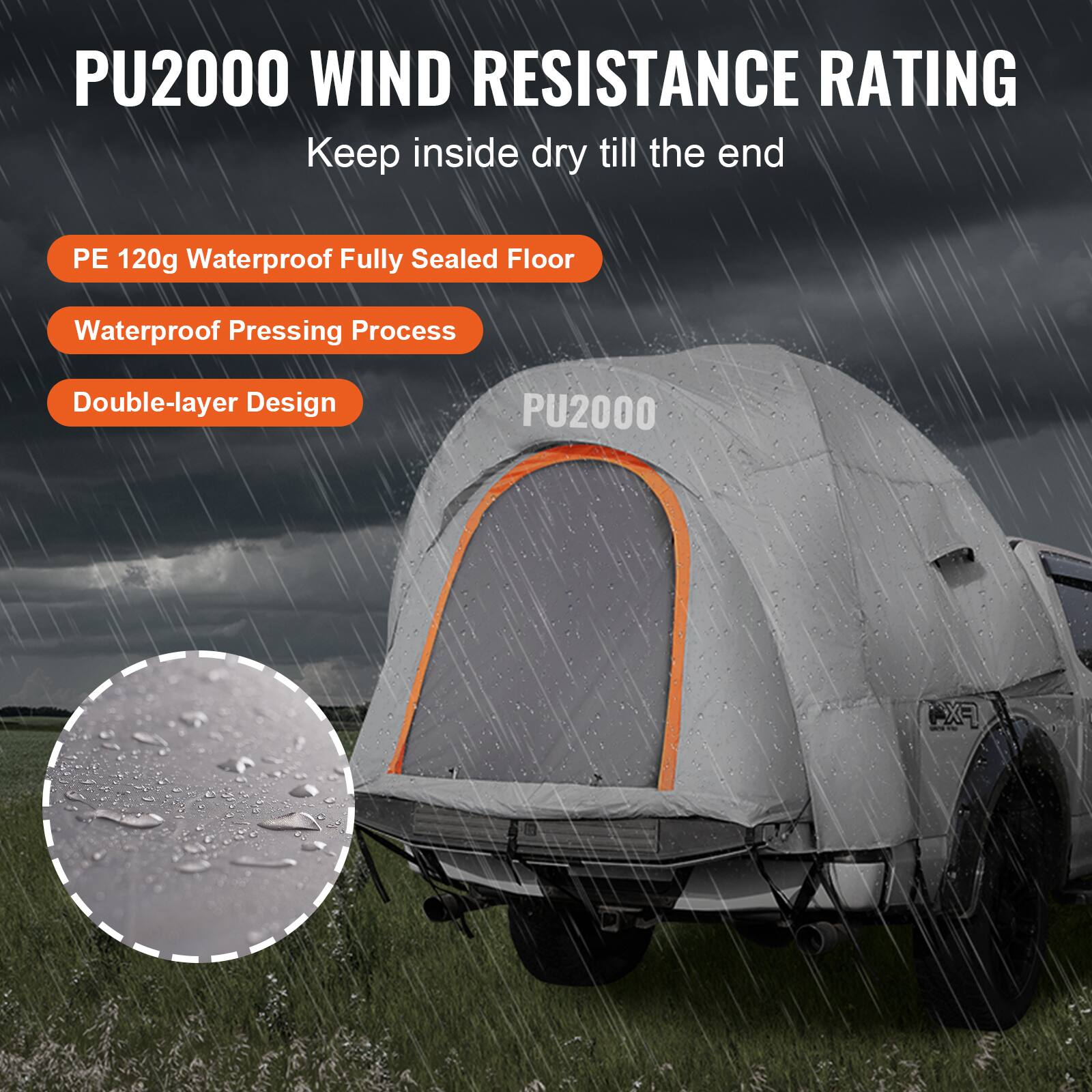 PU2000 WIND RESISTANCE RATING, Keep inside dry till the end, PE 120g Waterproof Fully Sealed Floor, Waterproof Pressing Process, Double-layer Design, PU2000 FX4