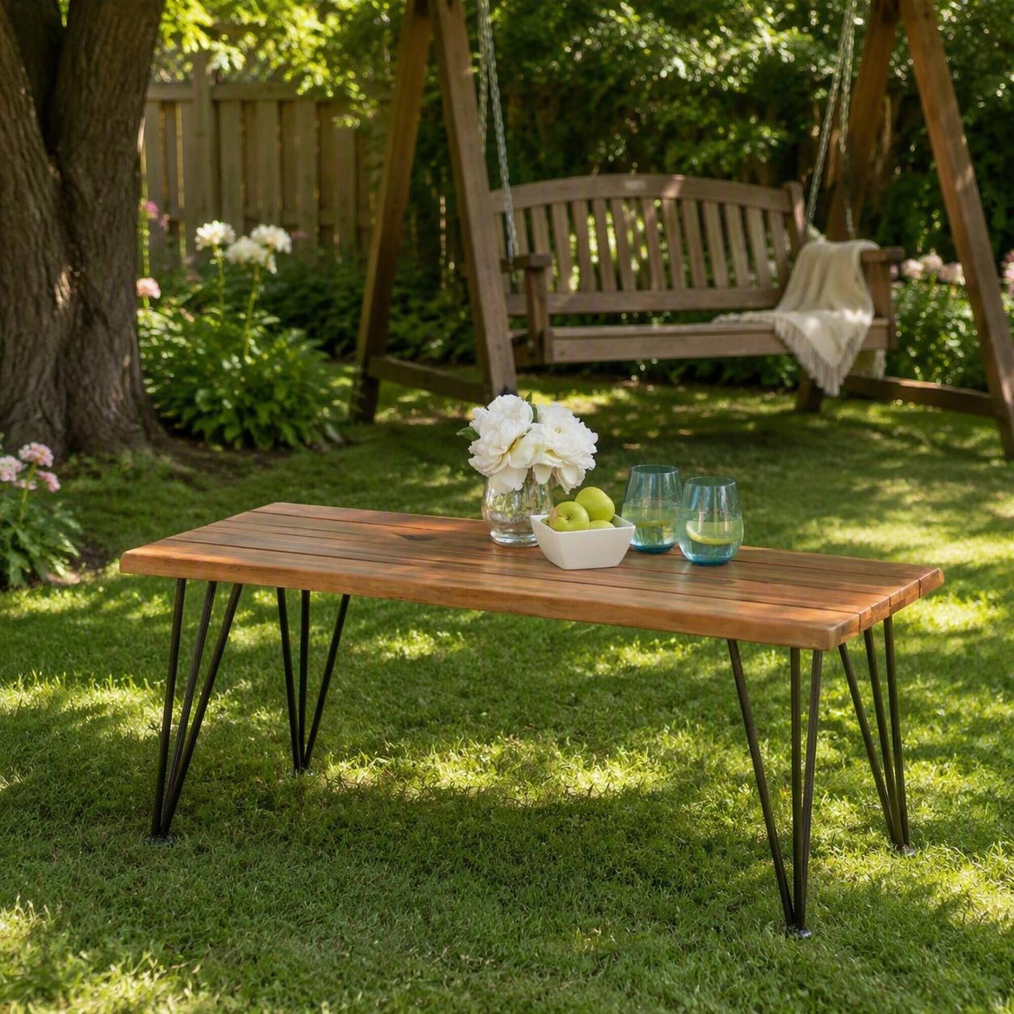 Alt View 2. RYHNUYNE - Outdoor Rectangular Coffee Table,Slatted Wood Top with Metal Legs,Patio Accent Side Table for Garden - Teak.