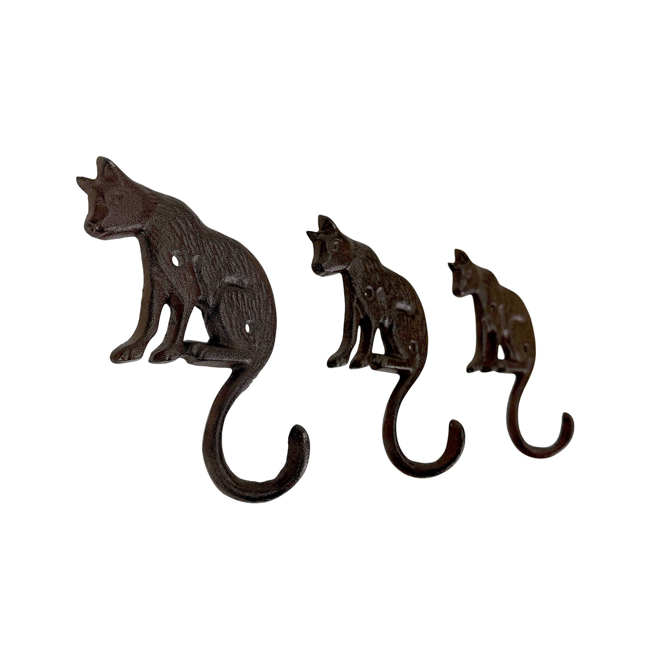 Alt View 1. Things2Die4 - Set of 3 Cast Iron Cat Wall Hooks Aged Brown Rustic 6.5 in Decorative - Brown.