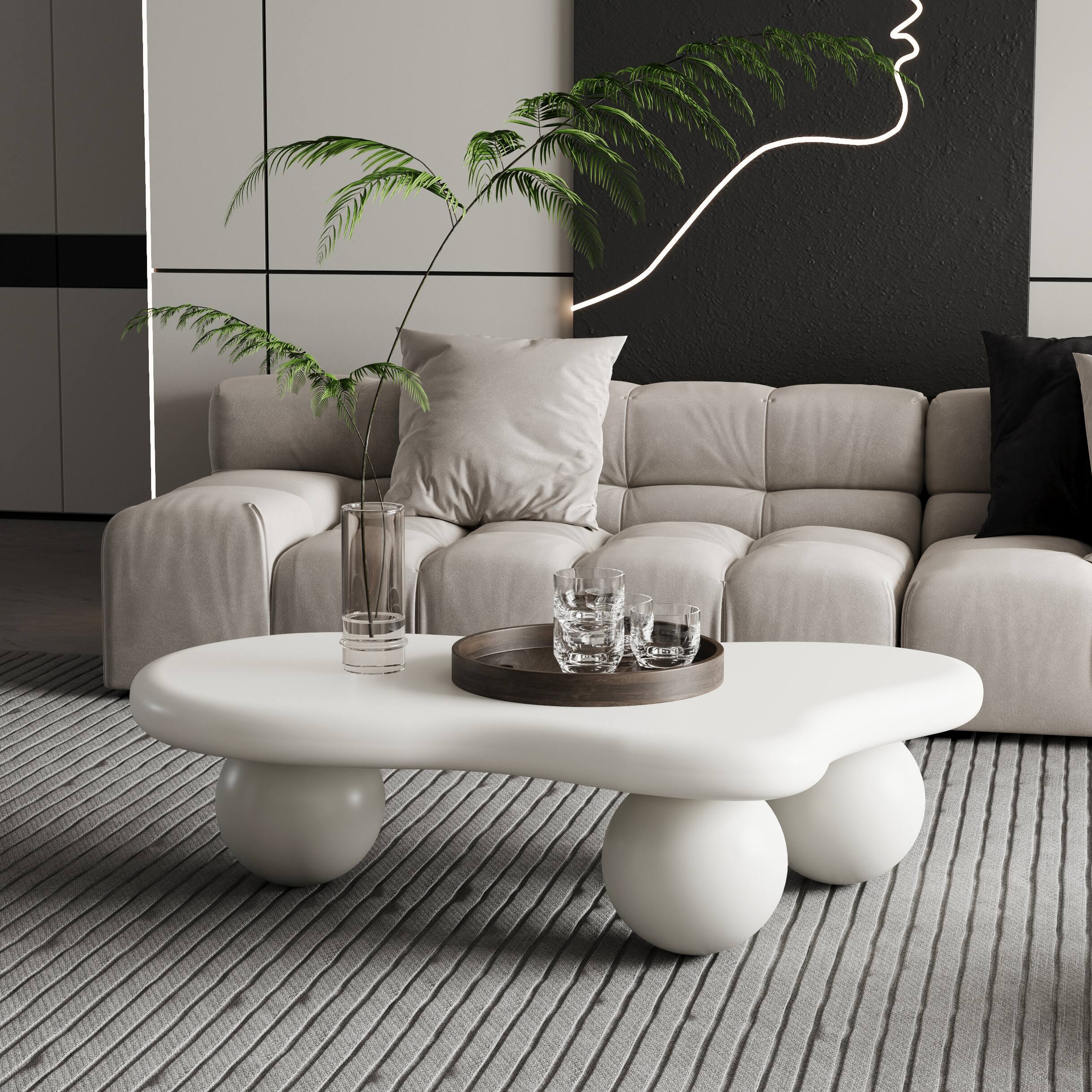 Angle. Loheer - Loheer Cloud Shaped Coffee Table Cream White Modern Living Room Table with Ball Legs 40 Inch - Cream White.