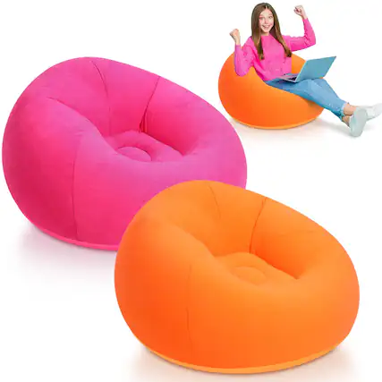 Front. PO3TICJUNKI3 - 2 Small Bean Bag Chair Inflatable Blow Up Games Chairs Foldable Flocking Sofa Portable For Living Room Bedroom - Orange, Rose Red.