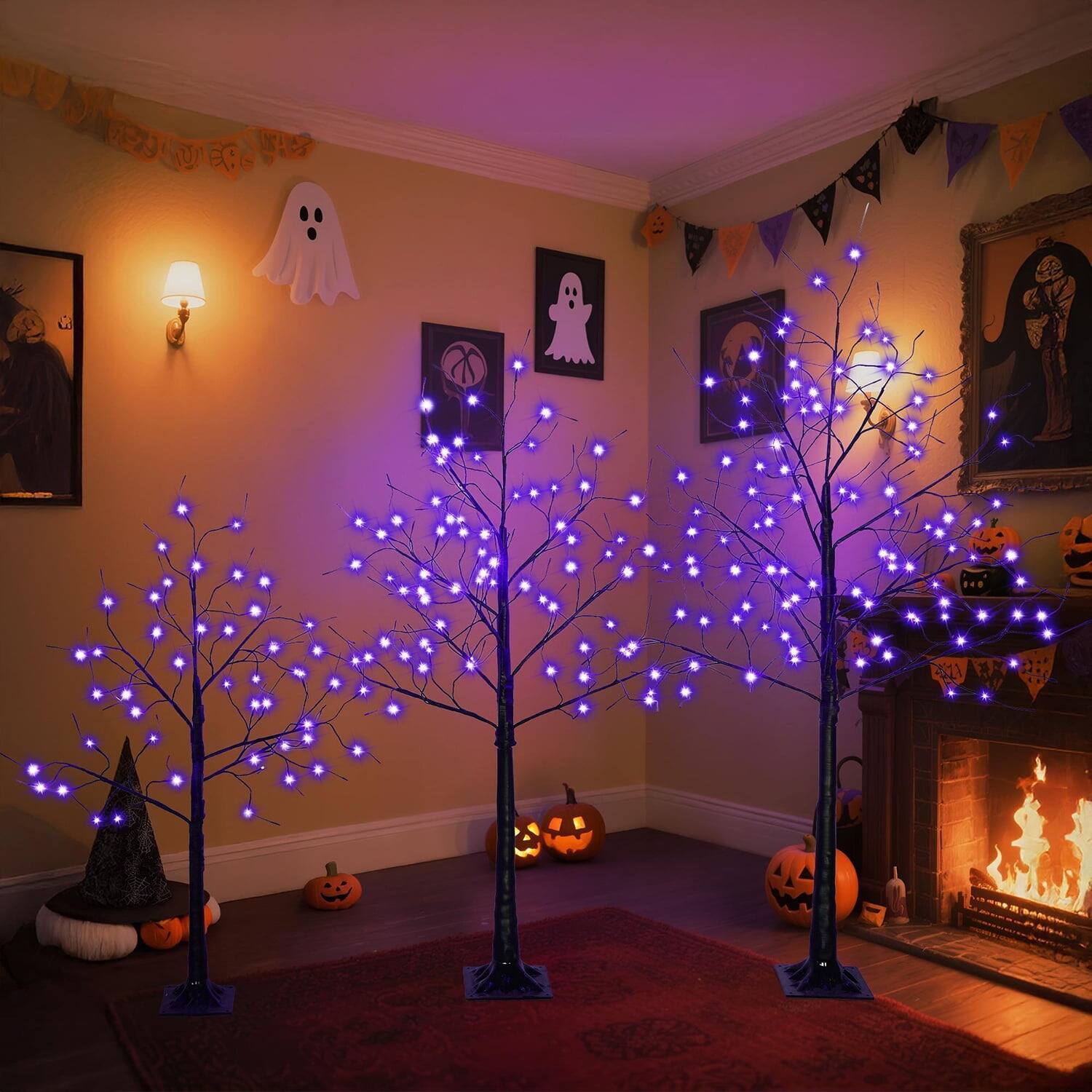 Alt View 1. Pefilos - 3 Pack Pre-Lit Christmas Trees, 6ft, 5ft, 4ft Tall, Artificial Xmas Trees with Purple Lights - Black.