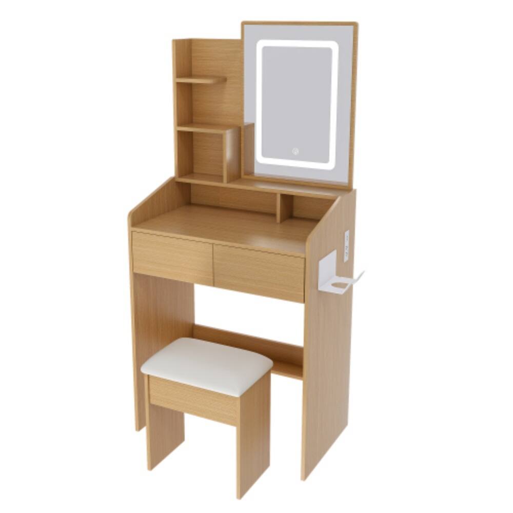 Alt View 5. LUCKY ONE - Compact Vanity Table with LED Mirror, Power Outlet, Hairdryer Holder, Drawers and Stool for Small Bedroom - Wood.