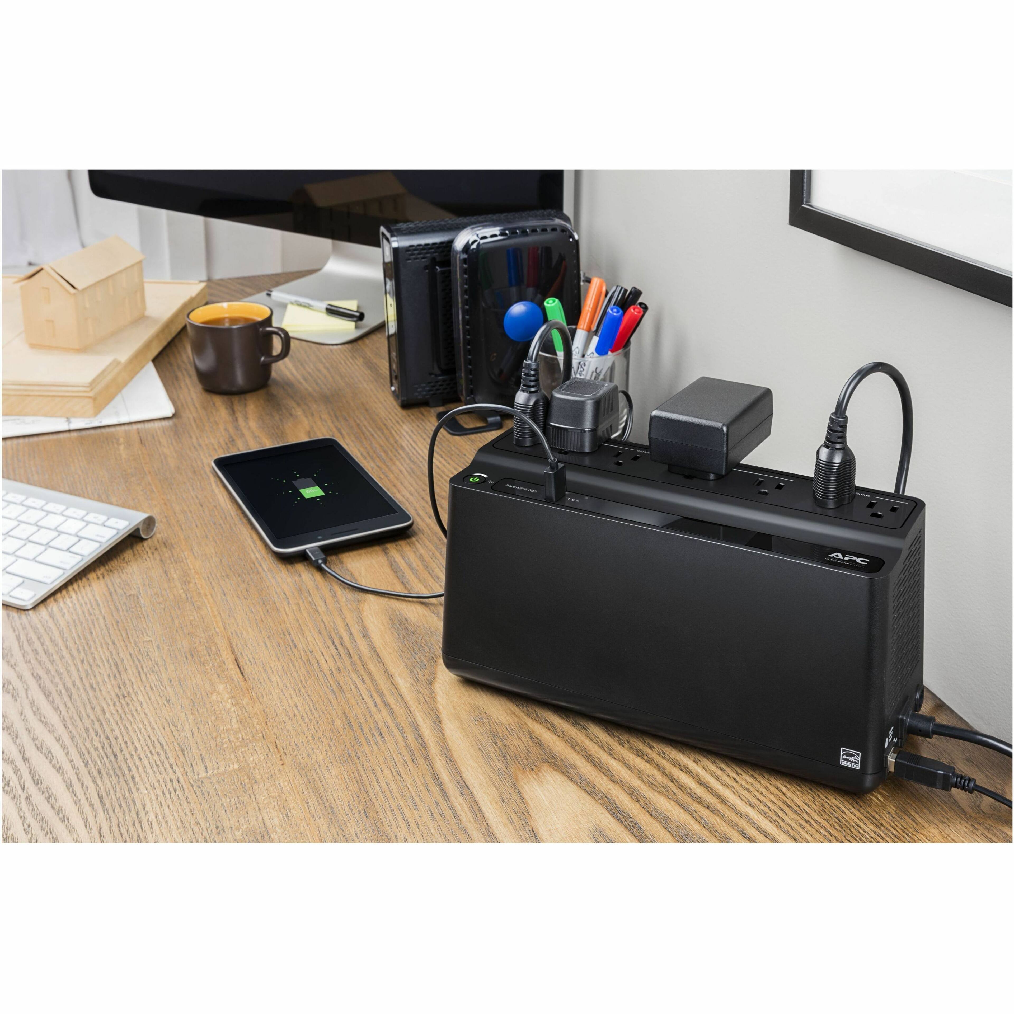 Alt View 40. APC - Back-UPS, 600VA/330W, Tower/Wall Mount, 7 Outlets, LED Indicator, USB-A port - Black.