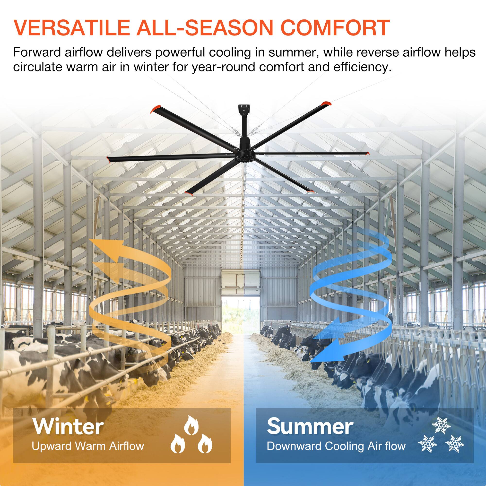VERSATILE ALL-SEASON COMFORT

Forward airflow delivers powerful cooling in summer, while reverse airflow helps circulate warm air in winter for year-round comfort and efficiency.

Winter
Upward Warm Airflow

Summer
Downward Cooling Air flow