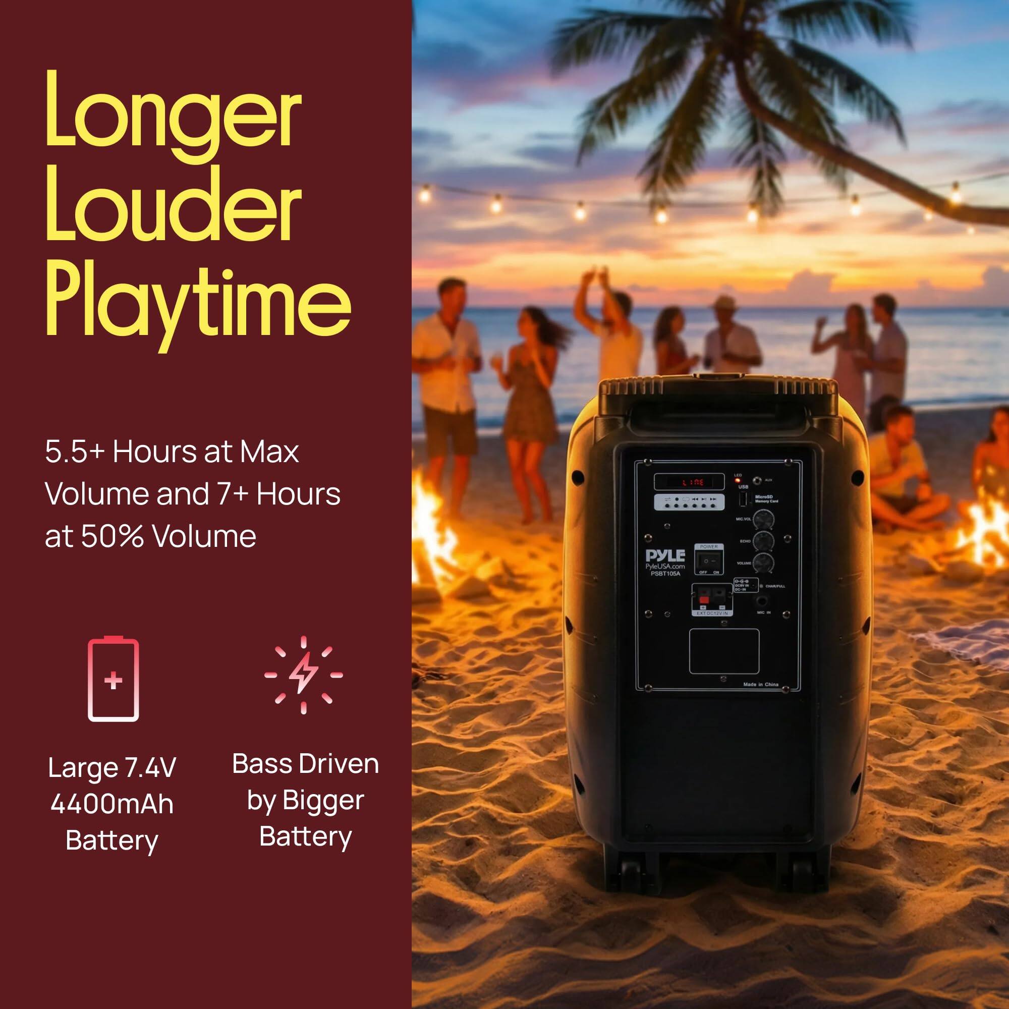 Longer Louder Playtime  
5.5+ Hours at Max Volume and 7+ Hours at 50% Volume  

- PYLE  
  - Large 7.4V 4400mAh Battery  
  - Bass Driven by Bigger Battery