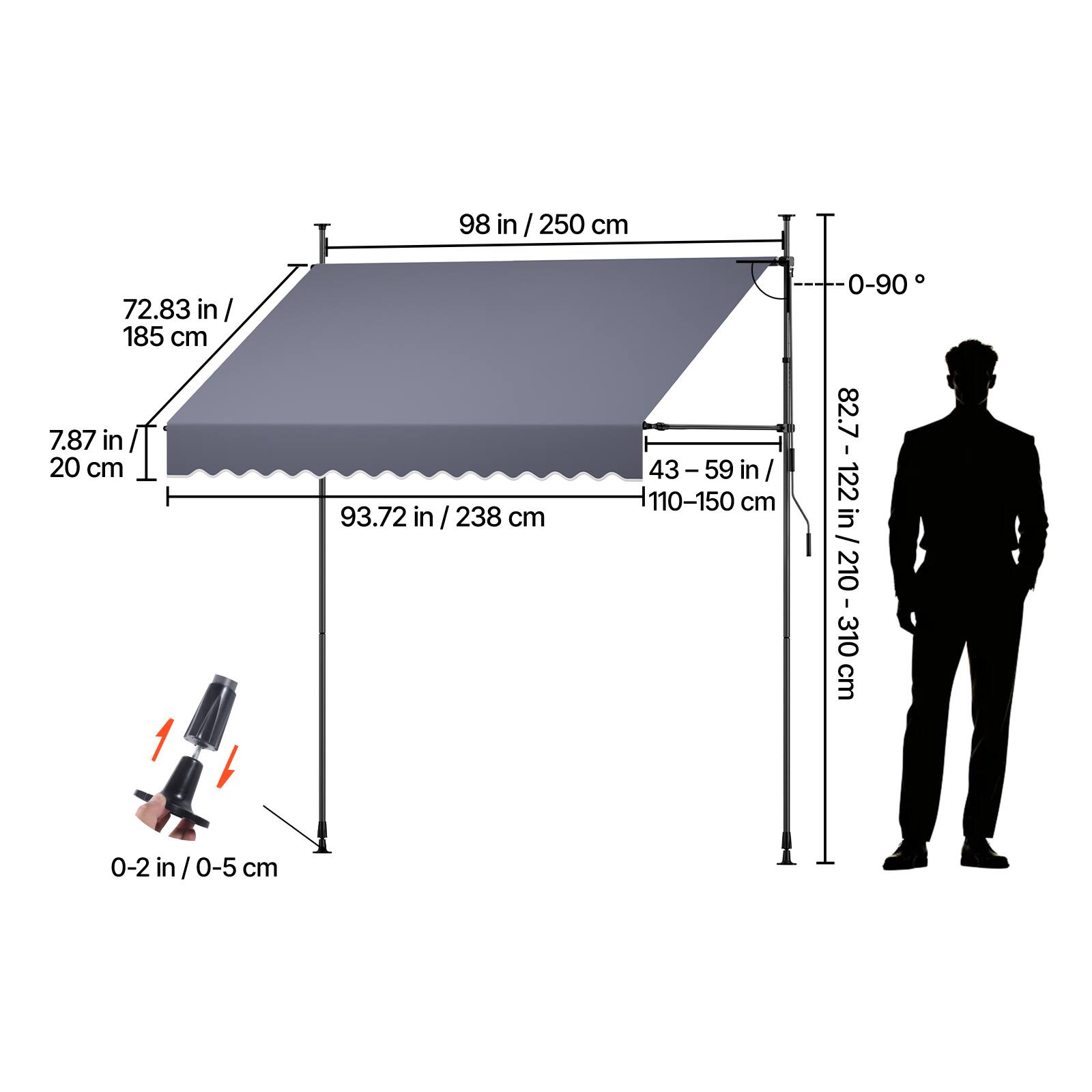 72.83 in / 185 cm  
7.87 in / 20 cm  
98 in / 250 cm  
43-59 in / 110-150 cm  
93.72 in / 238 cm  
0-90°  
82.7 in / 210-310 cm  
0-2 in / 0-5 cm