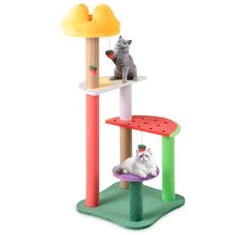 Gymax - 45'' Tall Cat Tree w/ Plush Padded Top Perch Fruit-Shaped Platforms Dangling Balls - GYM16155