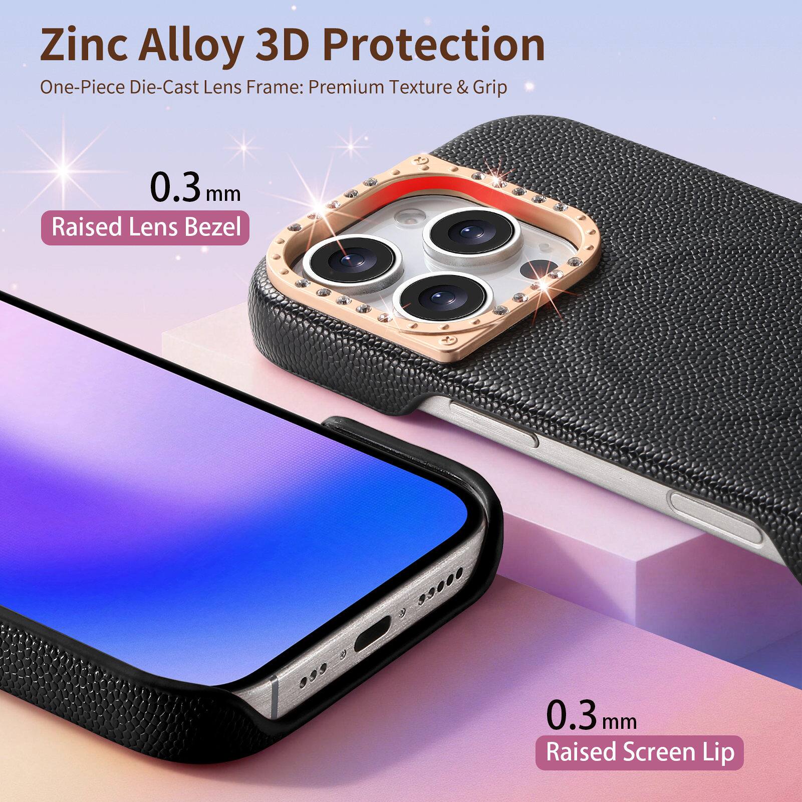 Zinc Alloy 3D Protection  
One-Piece Die-Cast Lens Frame: Premium Texture & Grip  
0.3 mm Raised Lens Bezel  
0.3 mm Raised Screen Lip