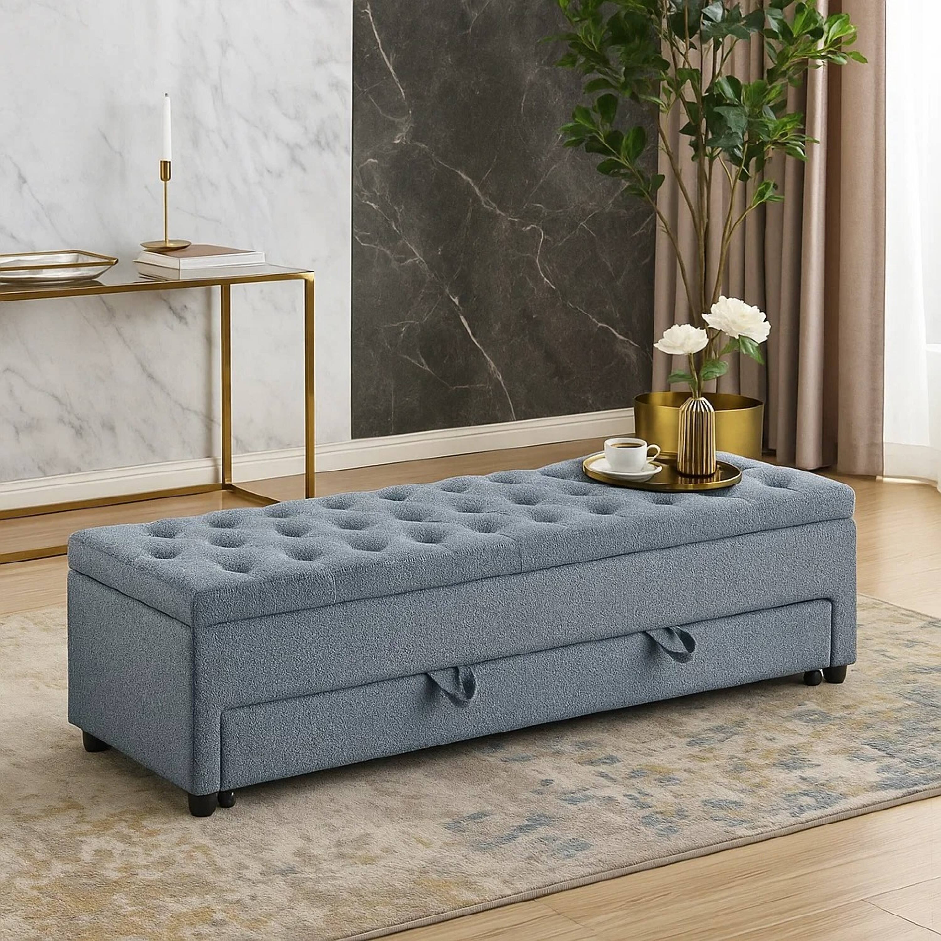 Alt View 5. Manhattan Lane - Kenny Ottoman, Underseat Drawer, Gray Button Tufted Boucle 60 Inch - Gray, Black.