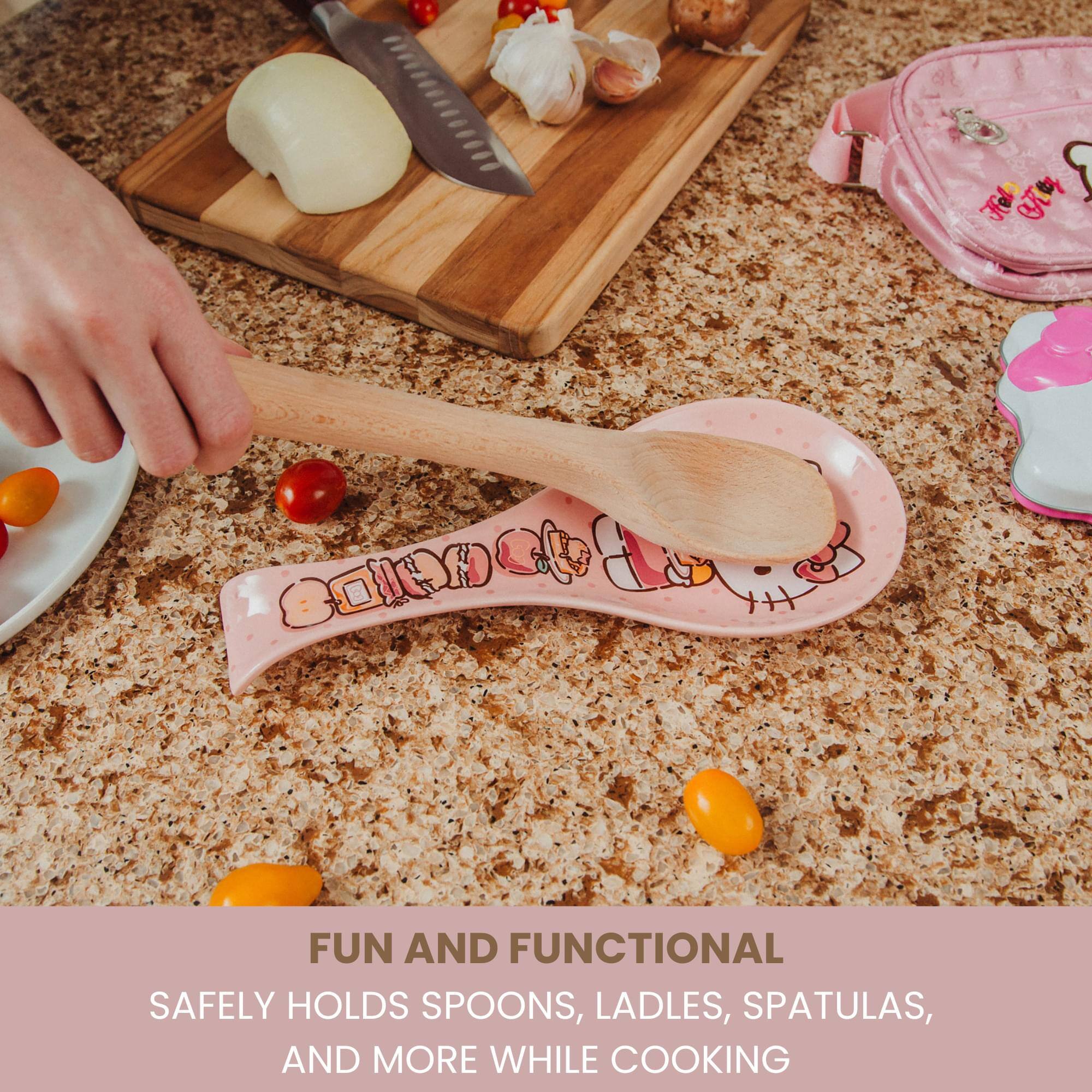 FUN AND FUNCTIONAL  
SAFELY HOLDS SPOONS, LADLES, SPATULAS, AND MORE WHILE COOKING