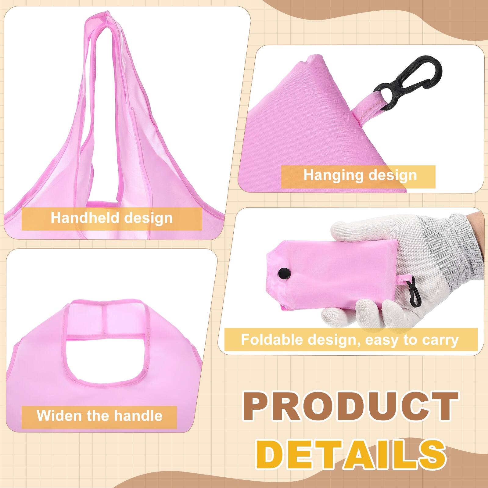 Hanging design  
Handheld design  
Foldable design, easy to carry  
Widen the handle  

PRODUCT DETAILS