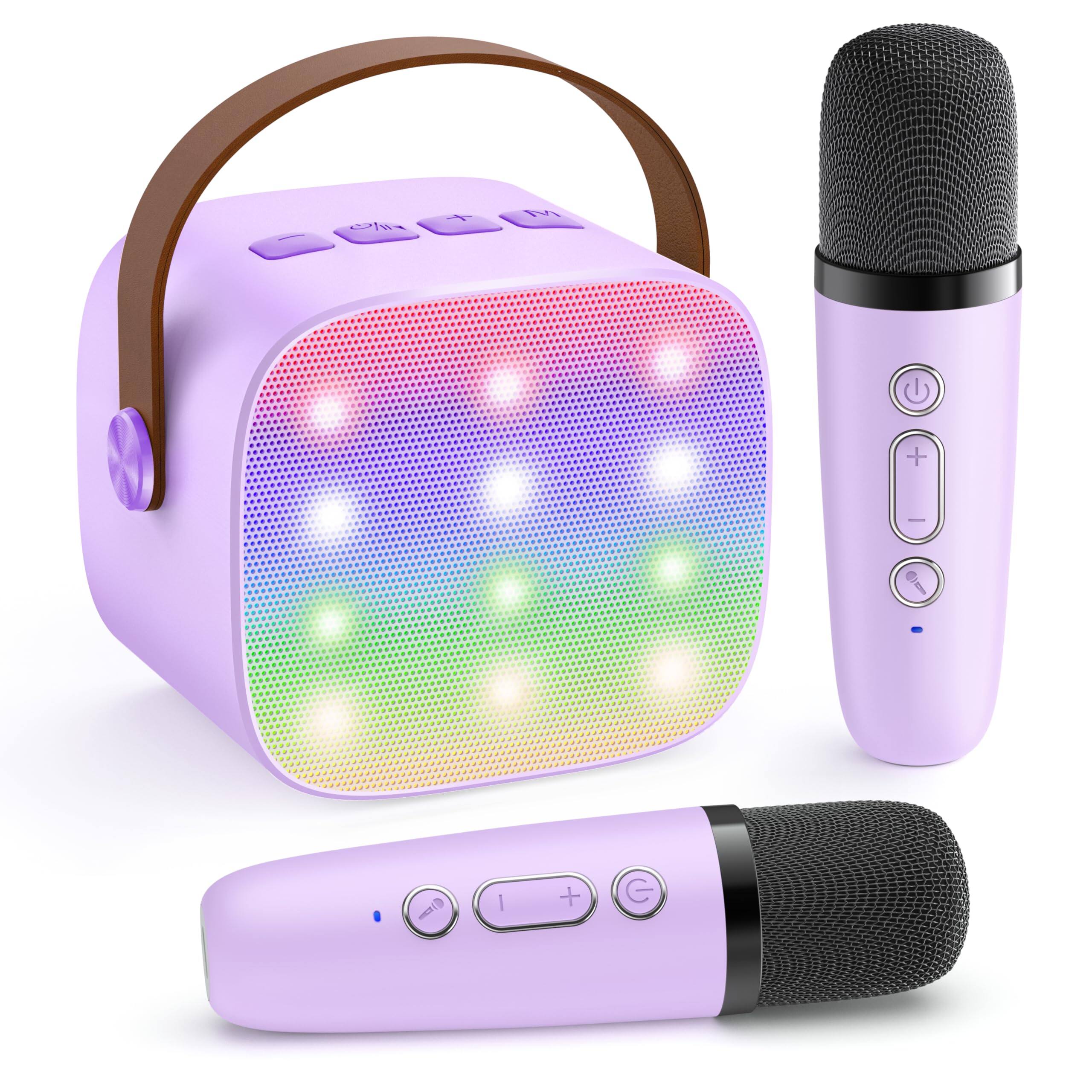 Left. Cozy Serene - Mini Karaoke Machine Wireless Microphones Top Gifts Ages +years Old 4-12th Birthday Gift Party (purple) Mini Karaoke - Beige 2 Mic.