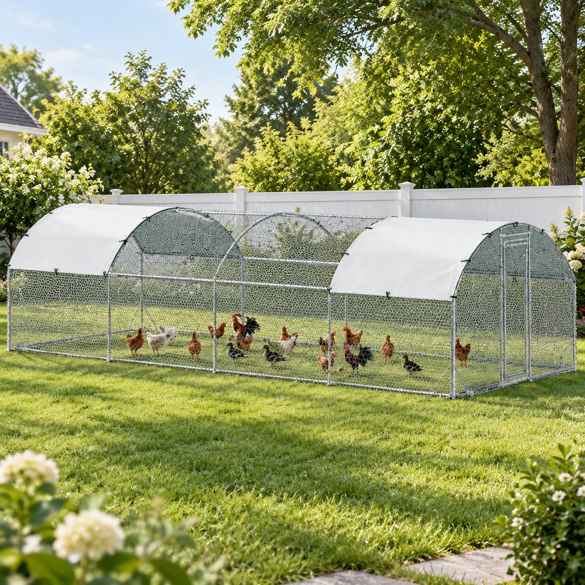 Alt View 2. RYHNUYNE - 9.2 ft x 24.9 ft Metal Chicken Coop, Walk-In Design, Galvanized Steel Frame, Oxford Cloth Roof for Yard and Outdoor Use.