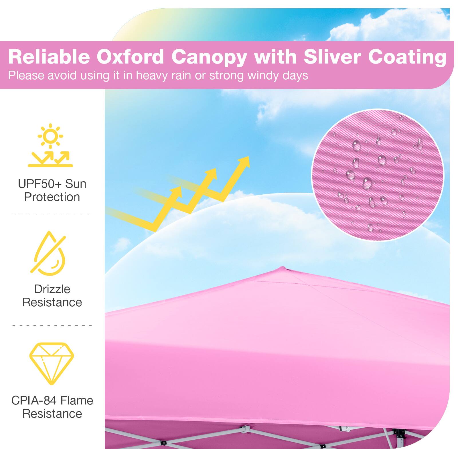 Reliable Oxford Canopy with Silver Coating  
Please avoid using it in heavy rain or strong windy days  

- UPF50+ Sun Protection  
- Drizzle Resistance  
- CPIA-84 Flame Resistance