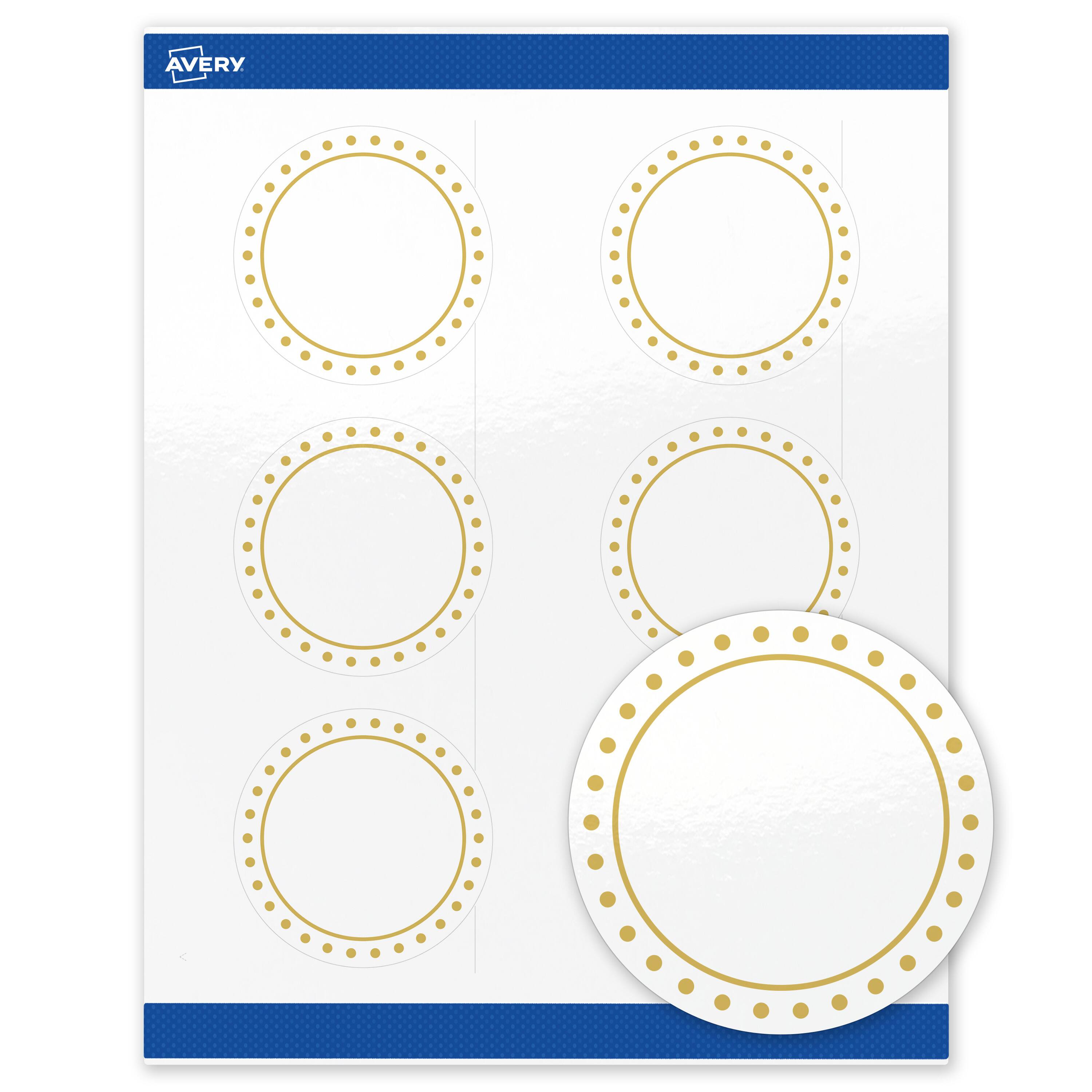 Front. Avery - Avery Labels, 3" Diameter, Glossy White, Gold Border/Gold Dots - White.