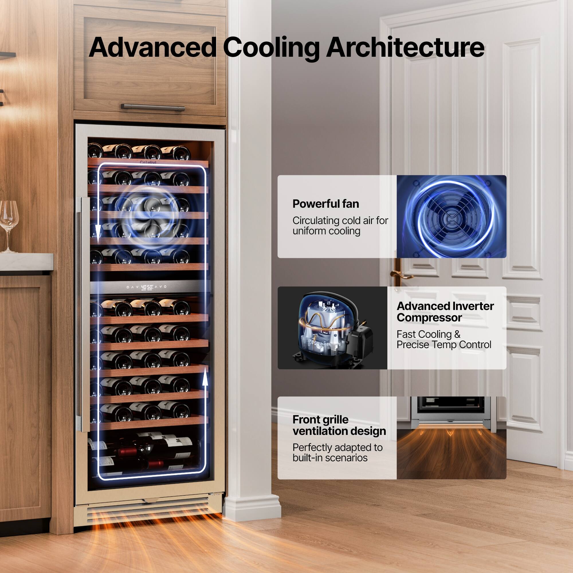 Advanced Cooling Architecture

- Powerful fan
  - Circulating cold air for uniform cooling

- Advanced Inverter Compressor
  - Fast Cooling & Precise Temp Control

- Front grille ventilation design
  - Perfectly adapted to built-in scenarios