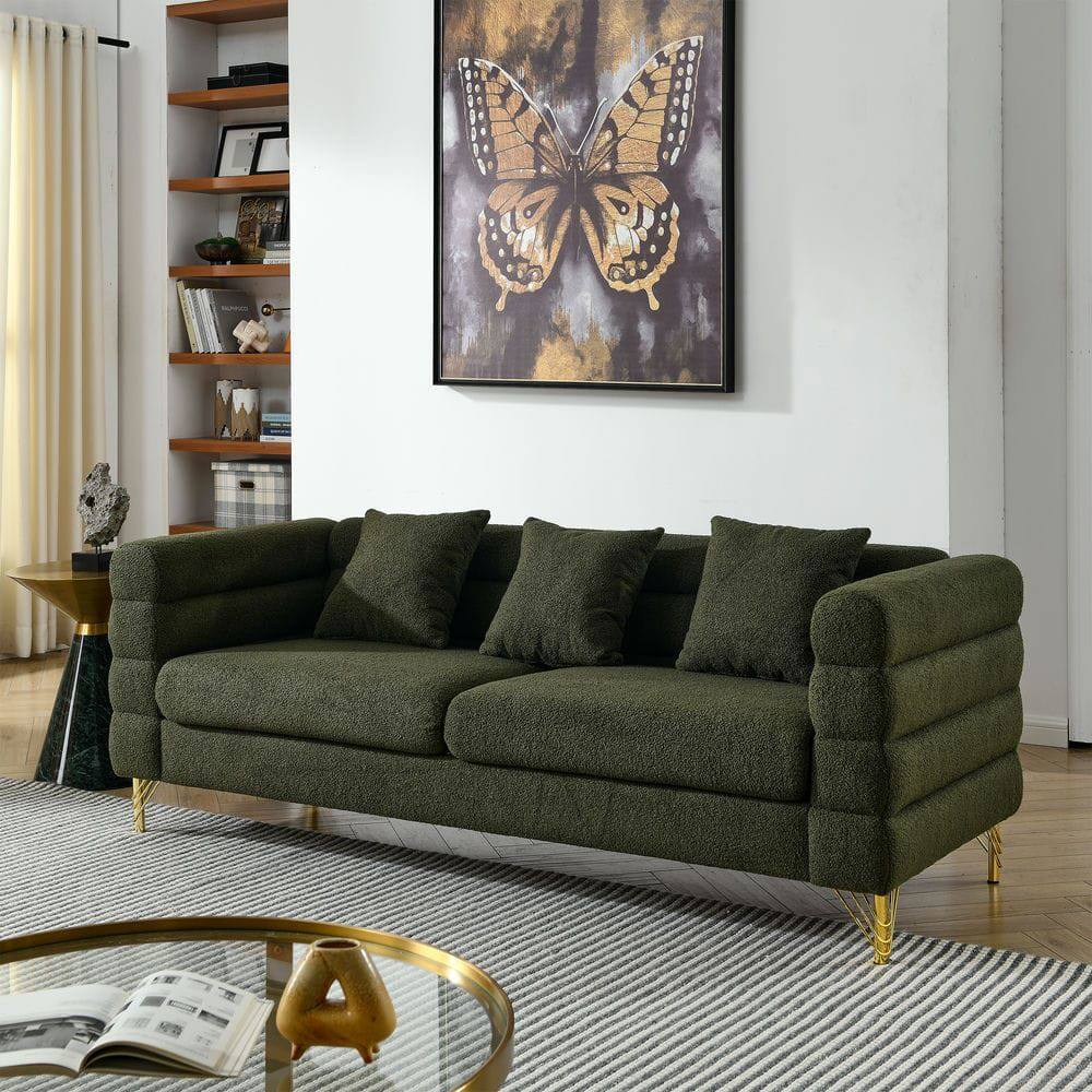 Front. Kadyn - 81" 3-Seater Sectional Sofa, Oversized Teddy Fabric with Deep Seating and 3 Accent Pillows, Green - Green.