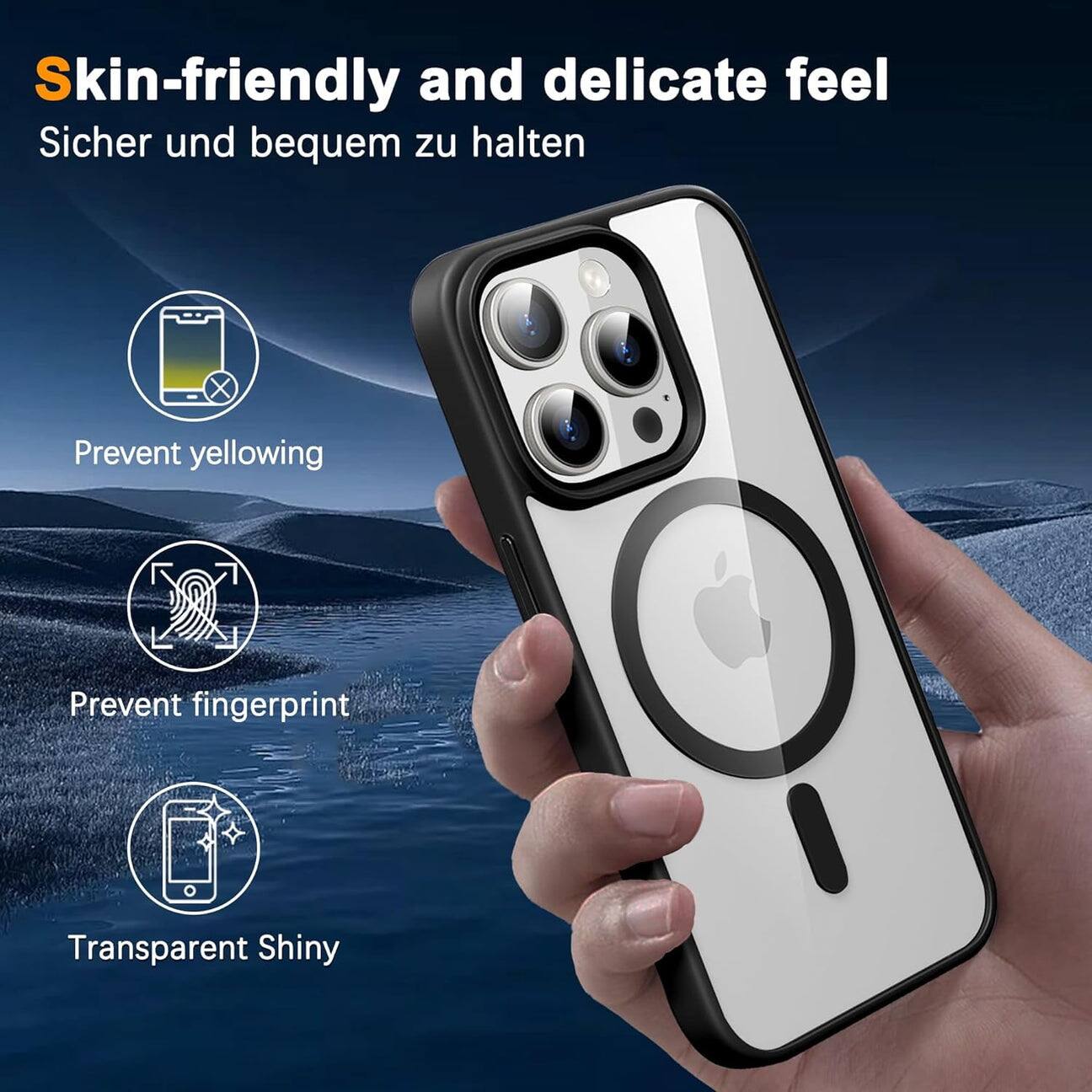 Skin-friendly and delicate feel  
Sicher und bequem zu halten  

Prevent yellowing  
Prevent fingerprint  
Transparent Shiny