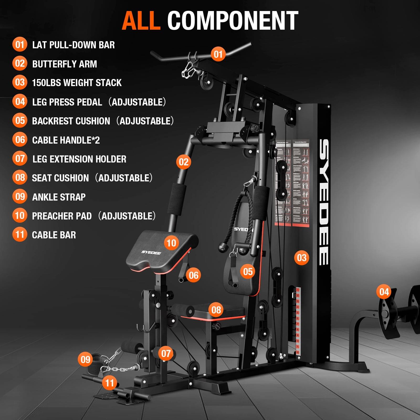 ALL COMPONENT
01 LAT PULL-DOWN BAR
02 BUTTERFLY ARM
03 150LBS WEIGHT STACK
04 LEG PRESS PEDAL (ADJUSTABLE)
05 BACKREST CUSHION (ADJUSTABLE)
06 CABLE HANDLE*2
07 LEG EXTENSION HOLDER
08 SEAT CUSHION (ADJUSTABLE)
09 ANKLE STRAP
10 PREACHER PAD (ADJUSTABLE)
11 CABLE BAR