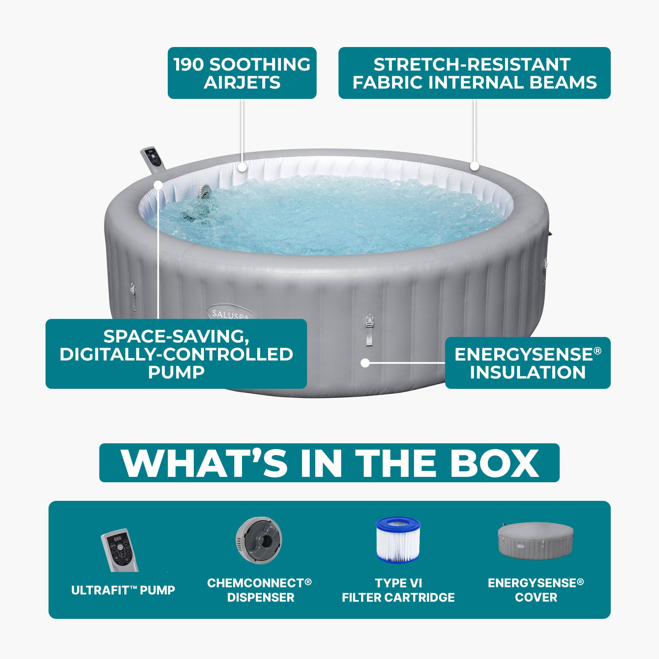 190 SOOTHING AIRJETS  
STRETCH-RESISTANT FABRIC INTERNAL BEAMS  
SPACE-SAVING, DIGITALLY-CONTROLLED PUMP  
ENERGYSENSE INSULATION  

WHAT'S IN THE BOX  
- ULTRAFIT PUMP  
- CHEMCONNECT® DISPENSER  
- TYPE VI FILTER CARTRIDGE  
- ENERGYSENSE® COVER