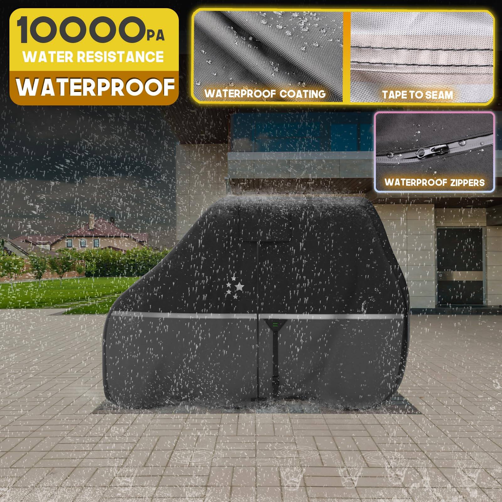 10000 PA  
WATER RESISTANCE  
WATERPROOF  

WATERPROOF COATING  
TAPE TO SEAM  
WATERPROOF ZIPPERS