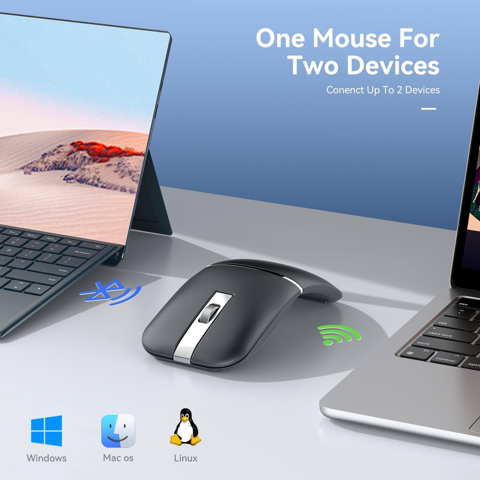 One Mouse For Two Devices  
Connect Up To 2 Devices  

Windows  
Mac OS  
Linux