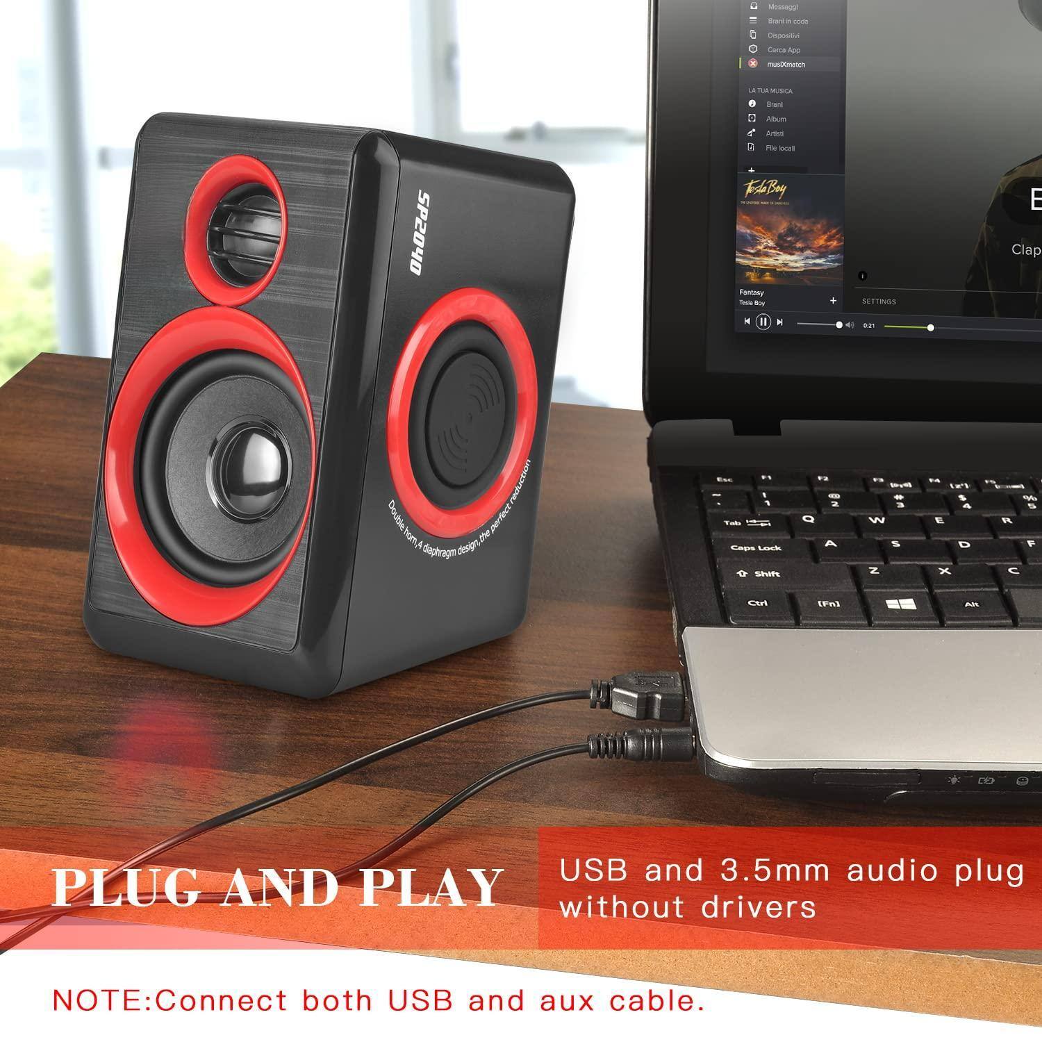 - SP2040
- Dual 40W RMS
- 4.5" Bass Driver
- 1" Tweeter
- CAES Ledk SuP
- O A
- UT
- W S N
- Las S
- E 1. x 1 S 0%
- C E LEIS
- USB and 3.5mm audio plug
- PLUG AND PLAY without drivers
- NOTE: Connect both USB and aux cable.