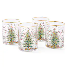 Spode - Christmas Tree Polka Dot, Set of 4 14-Ounce Double Old Fashioned Glasses - Gold Rim - Multicolored