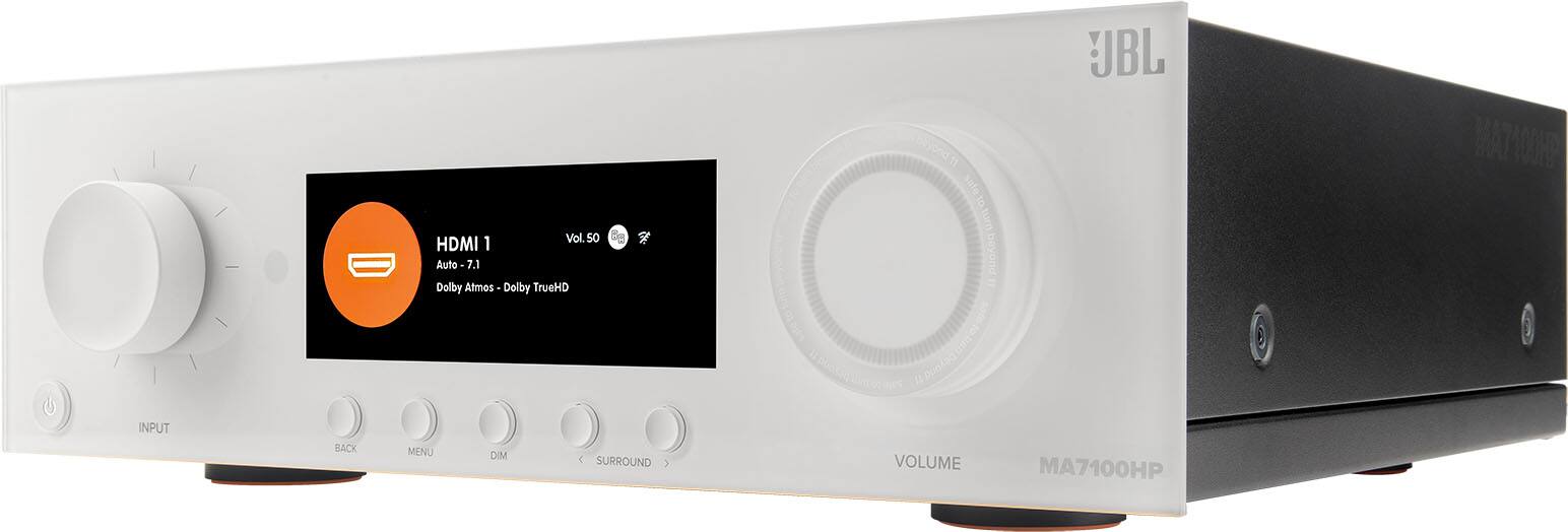 The text on the image reads: "INPUT BACK Vol.50 HDMI 1 Aute 7.1 Dolby Atmos Dolby TrueHD MENU DIM SURROUND > Megumarass BL an sale 6 tum puoken spc0 VOLUME MA7100HP e A7OND."